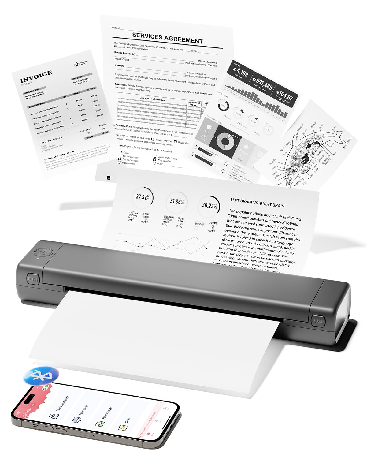 M08F A4 Portable Thermal Printer, Supports 8.26"x11.69" A4 Thermal Paper, Wireless Mobile Travel Printers for Car & Office, Bluetooth Printer Compatible with Phone & Laptop