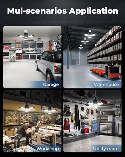 Miniatura 7 de toberich Paquete de 4 luces LED de garaje, luces de tienda de 8000 lm con 3+1 paneles deformables, luces de techo LED de 6500 K para garaje, taller,