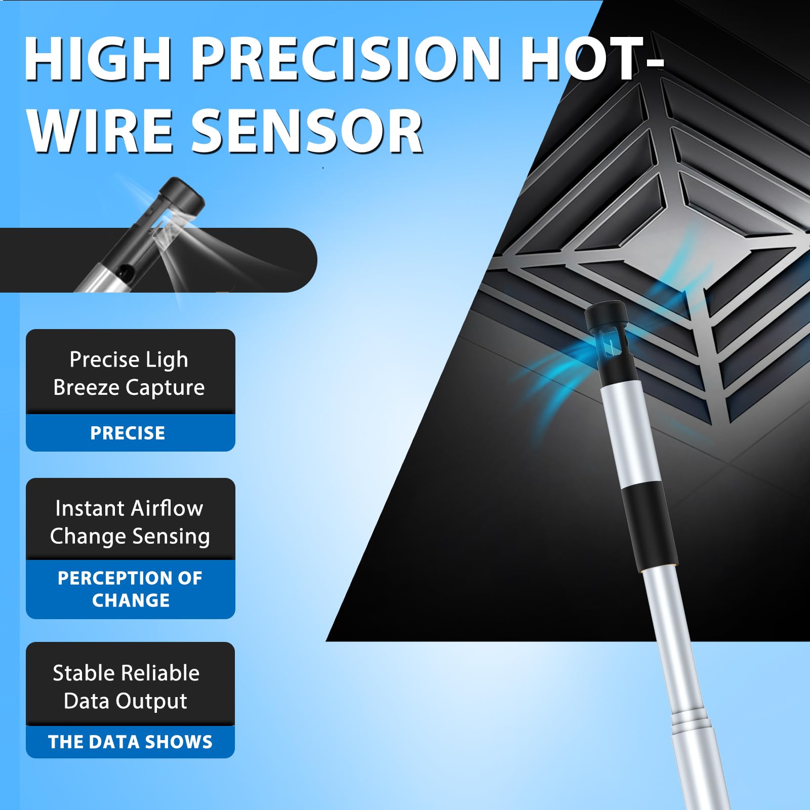 Anémomètre à fil chaud portable Bluetooth avec sonde télescopique, mesure débit d'air CFM 1-99,5 mph, température