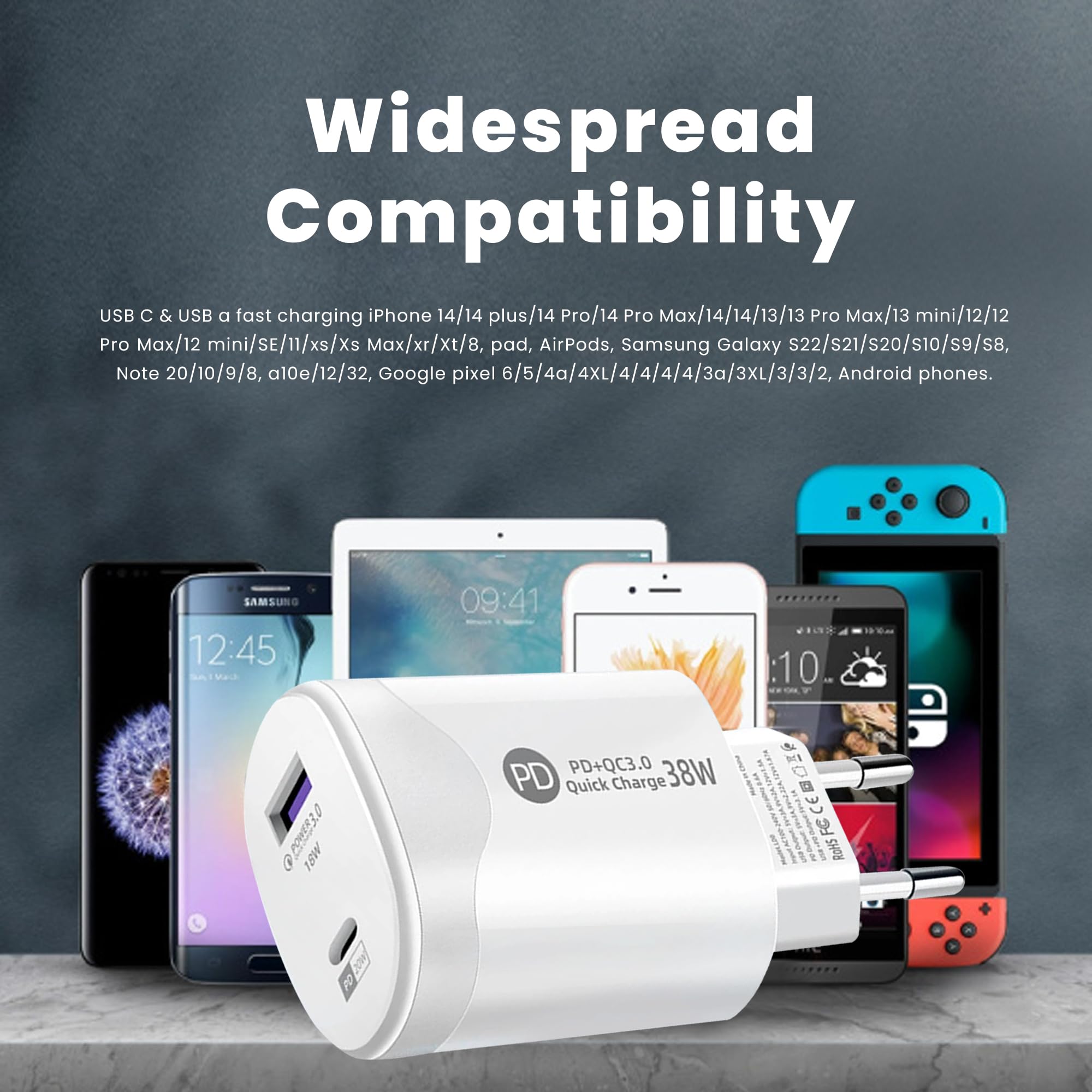 Leyf Ładowarka USB A typu C 2 w 1 38 W, 2 porty, kompatybilna ze wszystkimi modelami telefonów komórkowych i tabletów, szybka ładowarka QC 3.0, iPhone, iPad, Samsung Galaxy Xiaomi, Huawei, kabel typu