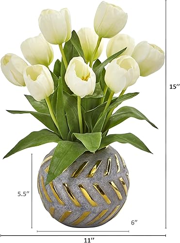 Miniatura 2 de Nearly Natural Arreglo artificial de tulipanes en jarrón decorativo