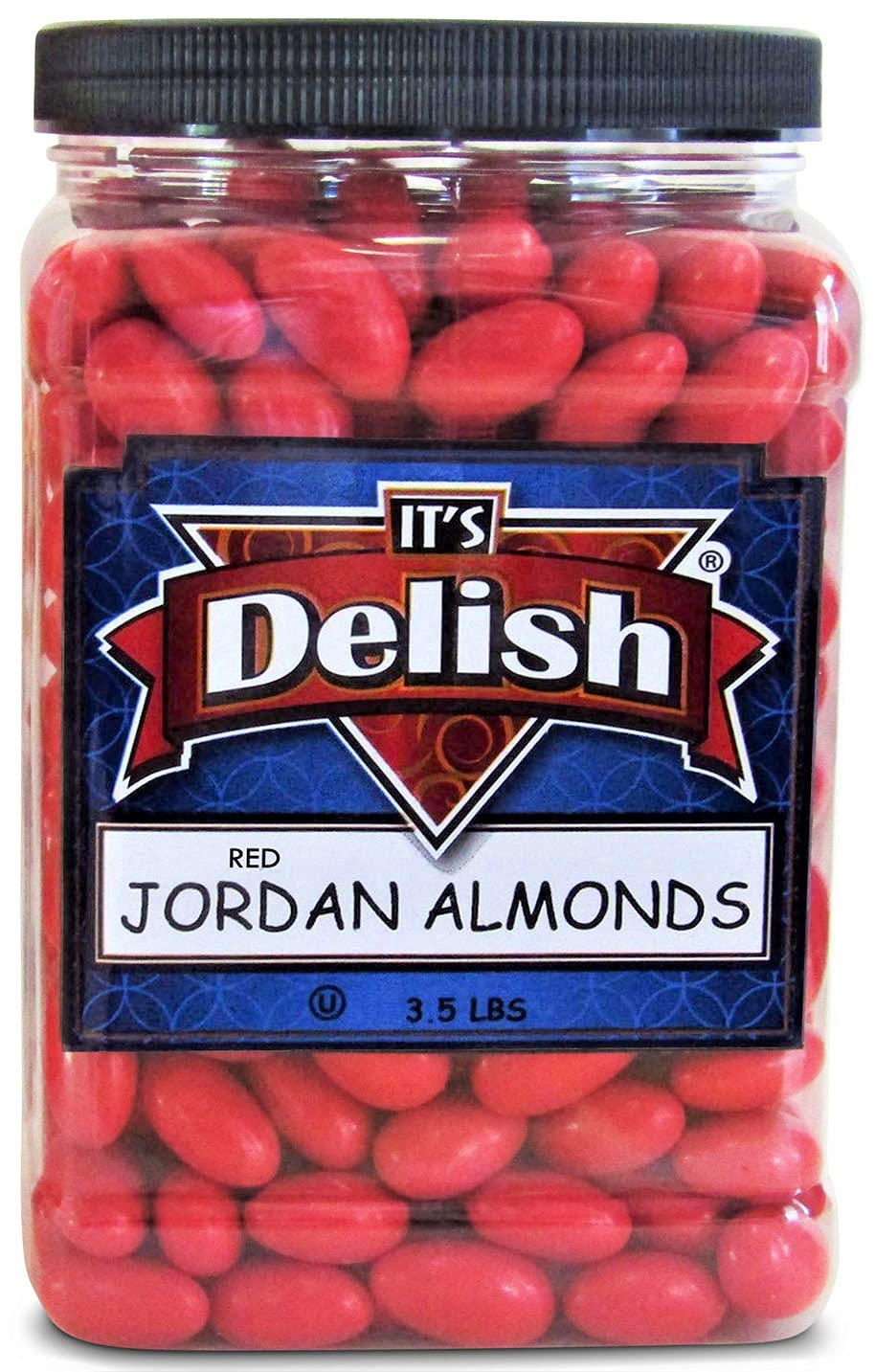 Red Jordan Almonds by Its Delish, 3.5 lbs Jumbo Container | Sugared Almond Nut with Sweet Hard Candy Coating - Bulk Wedding Favors and Party Buffets - Vegan & Kosher