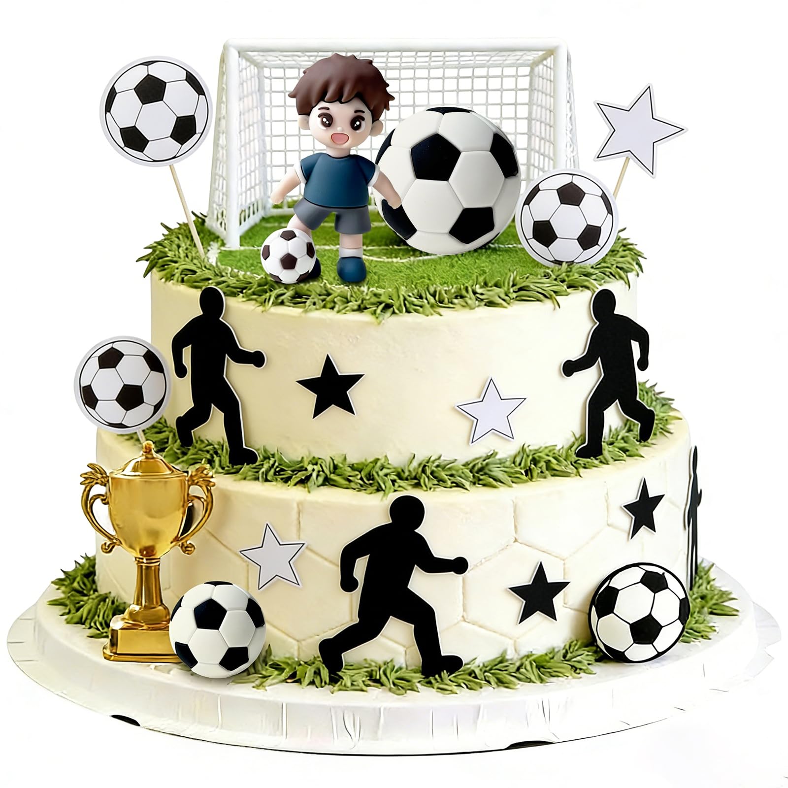 Football Cake Decorations, Soccer Ball Player Cake Topper with Trophy for Soccer Birthday Party Football Theme Sport Party Cupcake Decorations Supplies