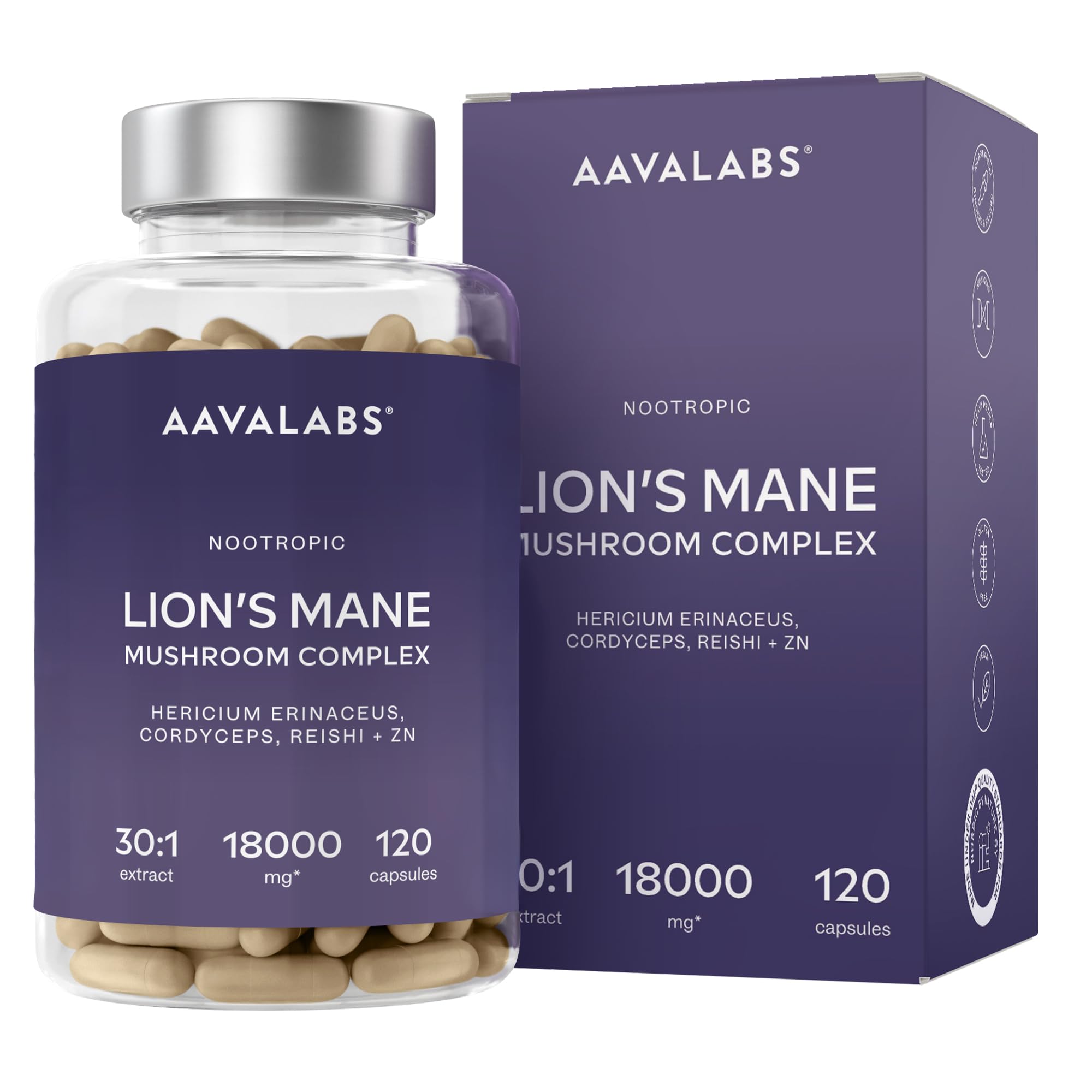 Lions Mane Mushroom Complex, 18000 mg Hericium Erinaceus wysoka dawka - Nootropic 30:1 ekstrakt z grzybów lwa - kapsułki Lwy mane z Reishi, Cordyceps i cynkiem - 120 lionów kapsułek
