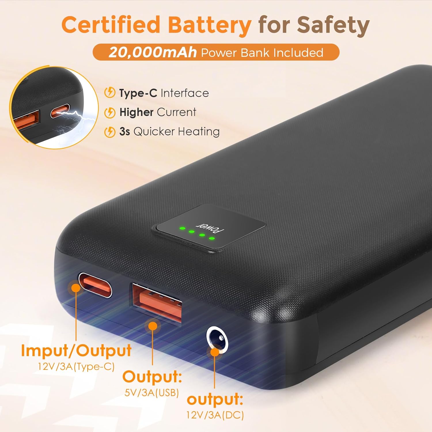 Suteck Heated Camping Chair with 20000mAh Battery, Oversized Heated Chairs W/3 Heat Levels & 2 Heating Zones, Portable Heated Folding Chair Use for Outdoor Sports, Camping, Lawn - Image 4