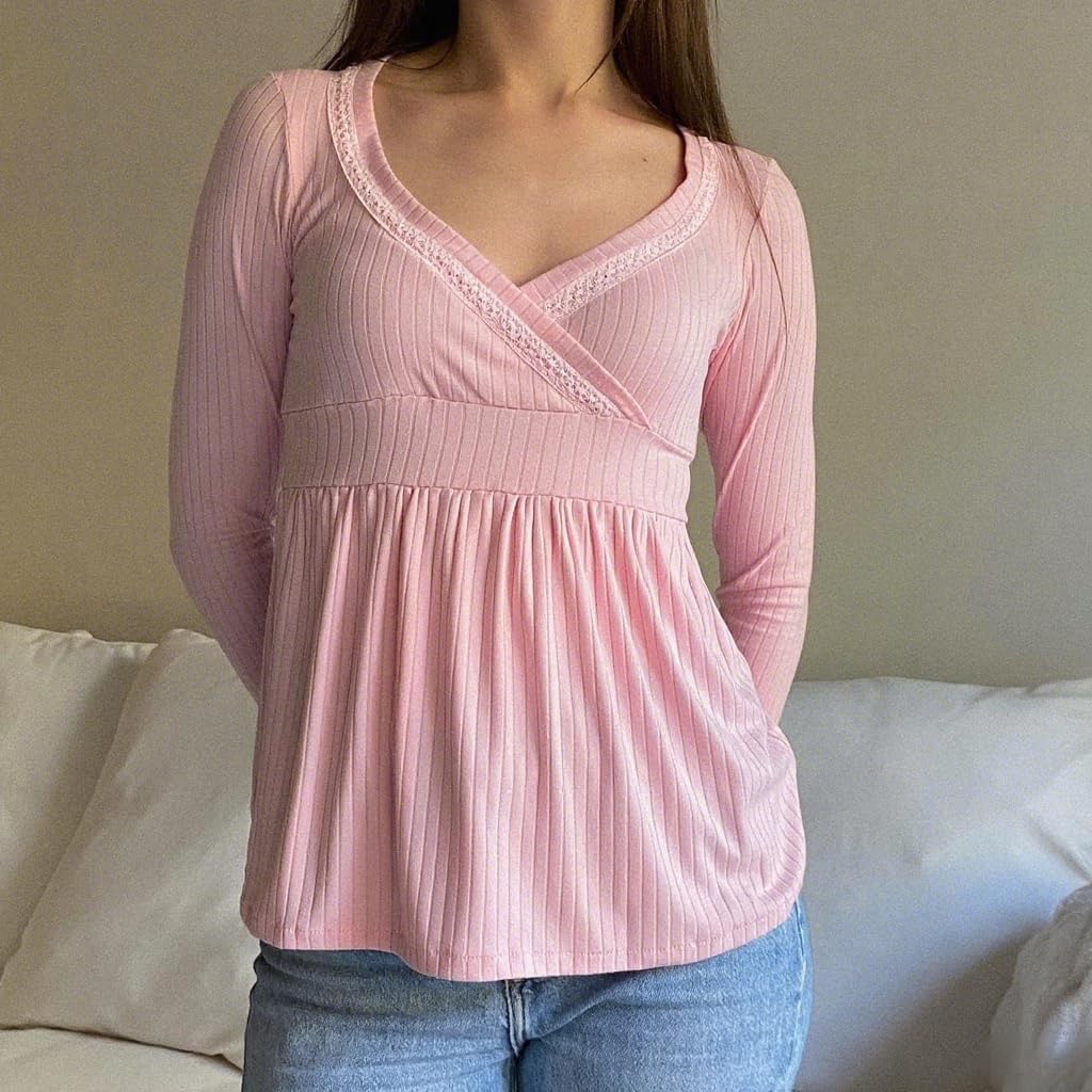 Women Long Sleeve Babydoll Top Y2k Wrap V Neck Lace Frill Peplum Shirt Cute Fall Winter Blouse - Image 3