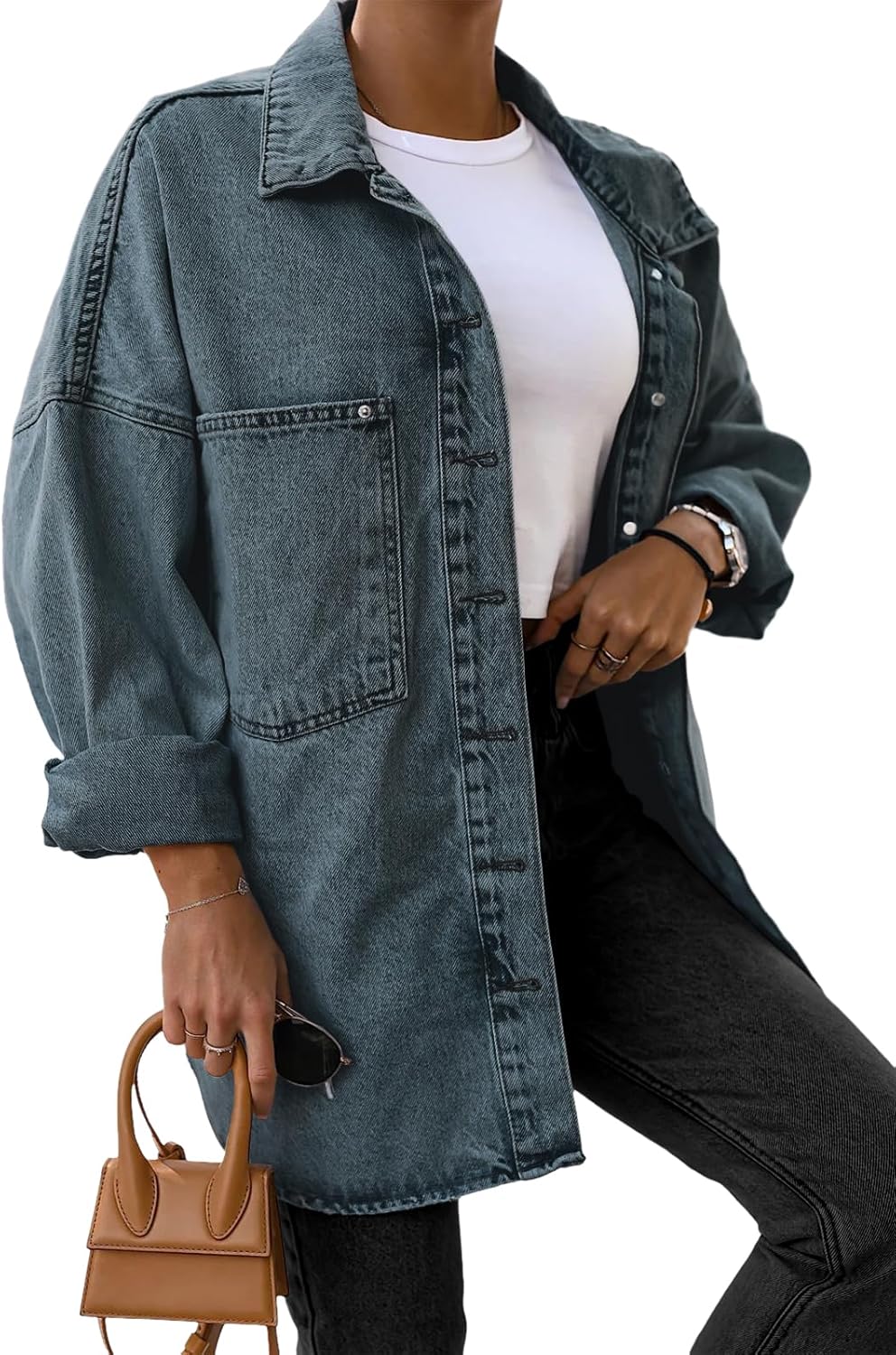 Saodimallsu Women's Oversized Denim Jackets Casual Button Down Long Boyfriend Jean Coats with Pockets - Image 2