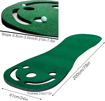 This golf putting practice mat is suitable for both indoor and outdoor practice. It features a simulated grass design, is self-assembly, and is ideal for practicing putting and chipping.