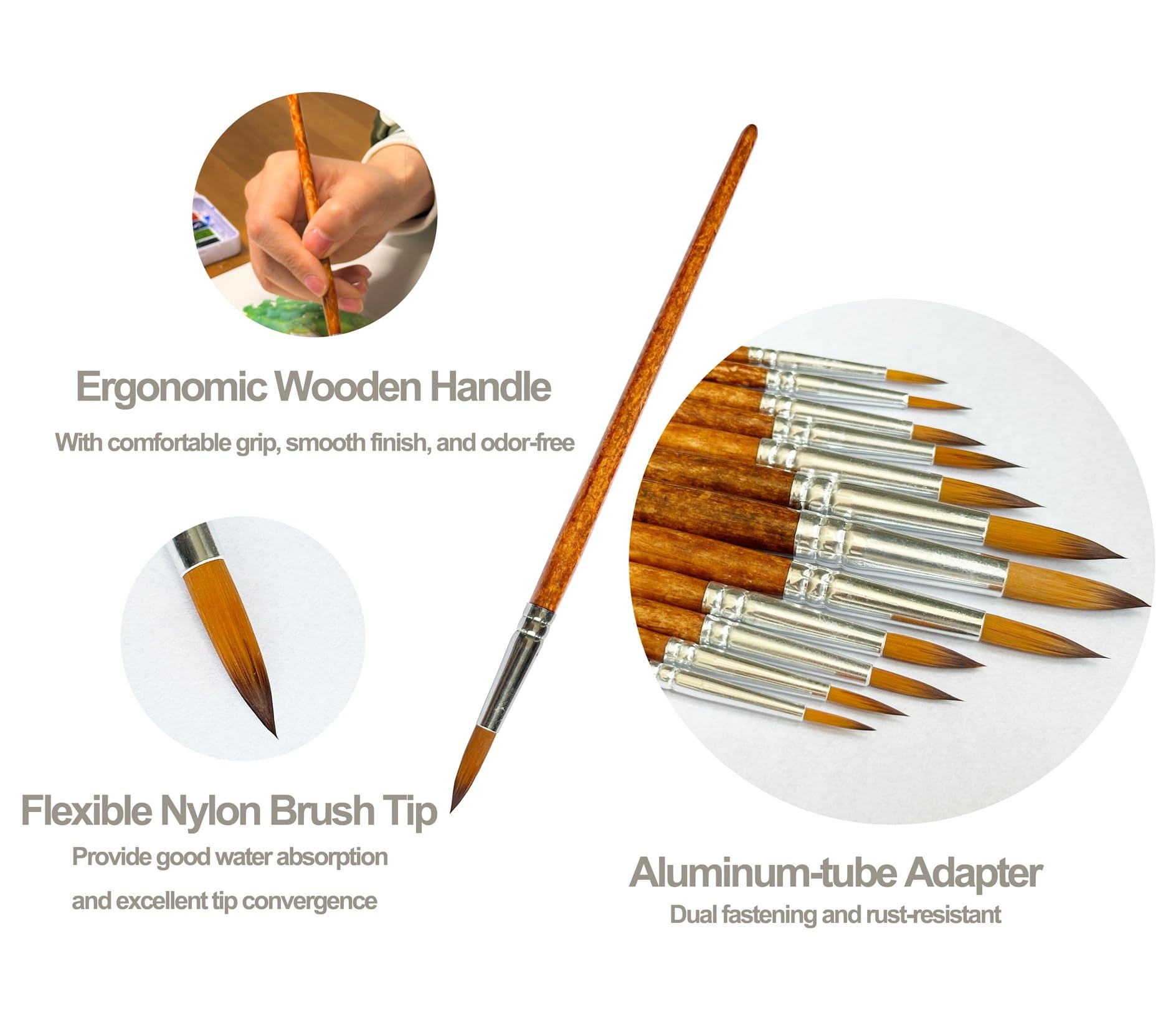 12Pcs Different Sizes Artist Watercolor Paint Brushes, Round Pointed Tip Paint Brushes Set for Watercolor, Acrylic, Gouache, Ink, and Tempera Painting, Wooden Handle (Brown)