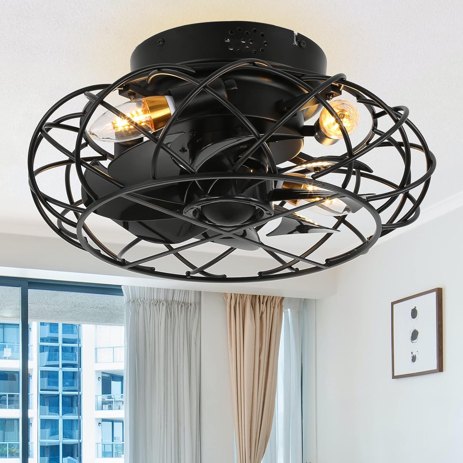 YYEHON 16.1" Caged Ceiling Fan with Lights and Remote Control, Flush