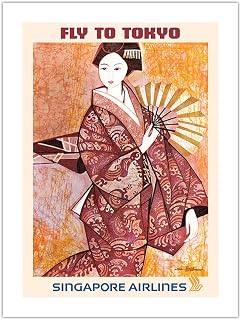 Fly to Tokyo Japan - Geisha - Singapore Airlines - Vintage Airline Travel Poster by Seah Kim Joo c.1960s - Fine Art Matte Paper Print (Unframed) 24x32in
