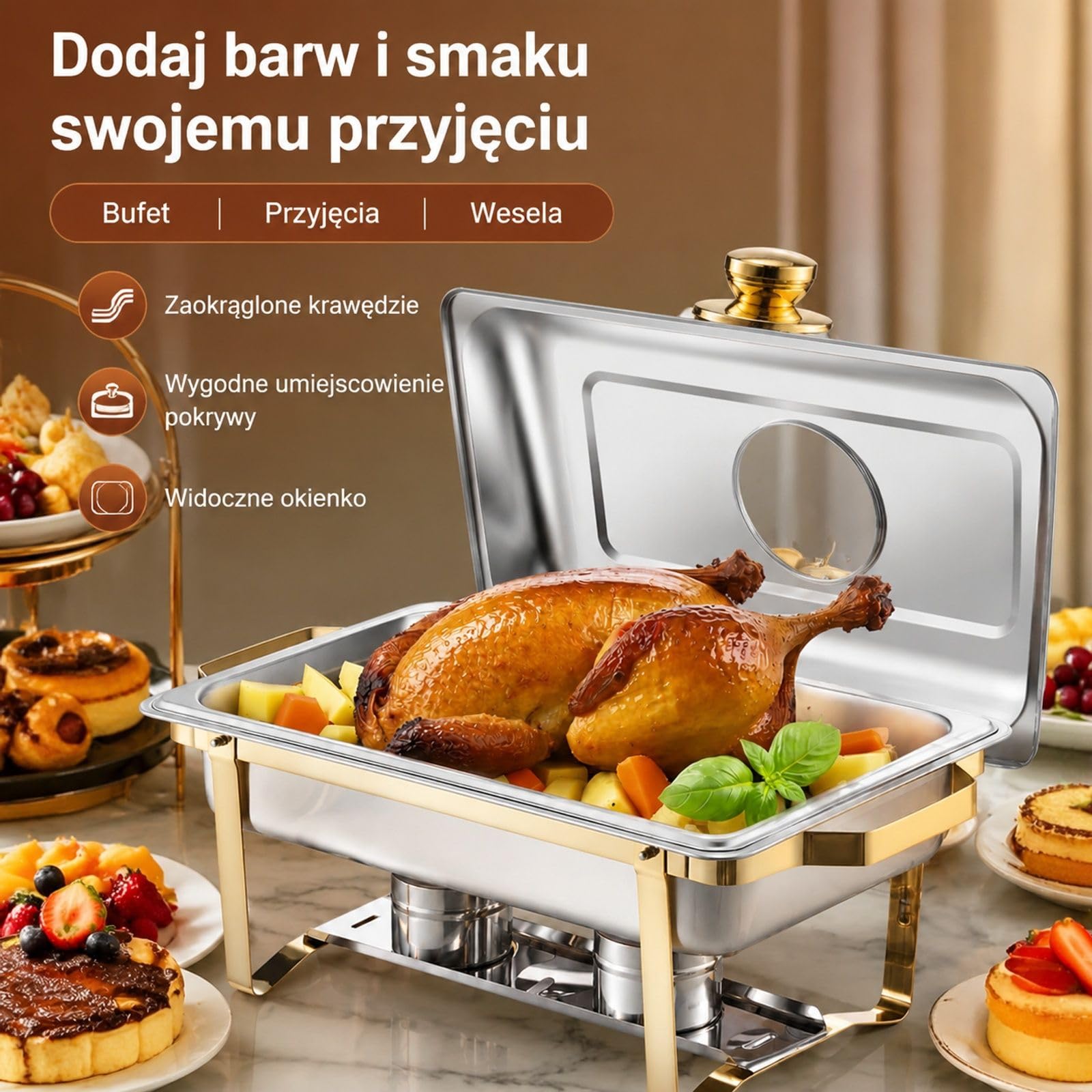 Zestaw podgrzewaczy do żywności ze stali nierdzewnej, 4 prostokątne pojemniki po 7,5 l, złoty kolor, pokrywki z okienkiem, podstawka wodna i uchwyty na paliwo do bufetu