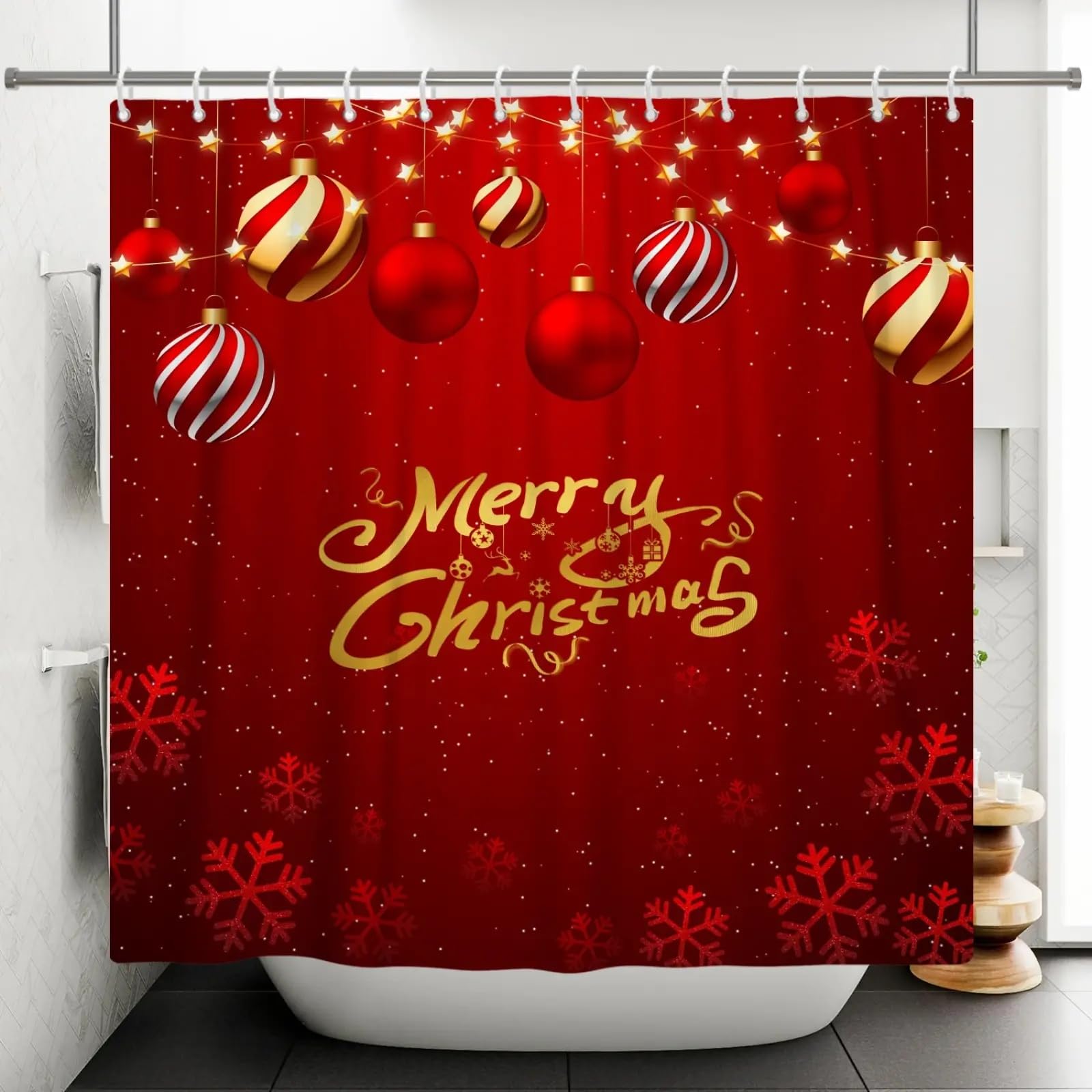 Rideau de douche Joyeux Noël rouge pour sublimer la décoration de votre salle de bain de fête