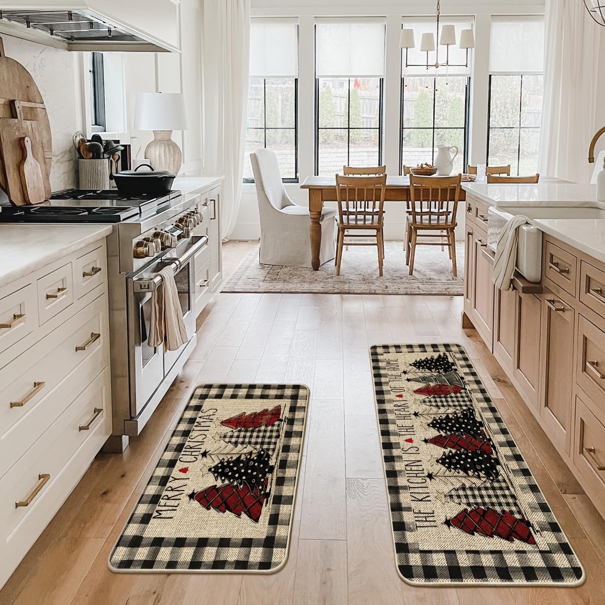 Artoid Mode Buffalo Plaid Xmas Tree Merry Christmas Kitchen Mats Set of 2, Winter Home Decor Low-Profile Kitchen Rugs for Floor - 24x35 and 24x59 Inch