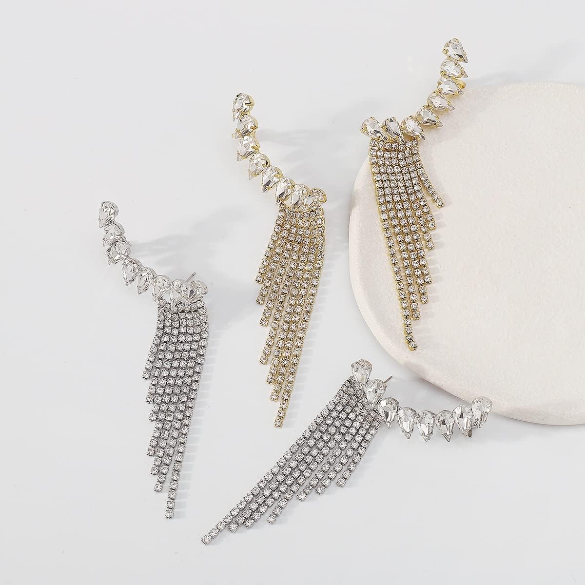 Jumwrit Silver Rhinestone Tassel Dangle Earrings with Wrap Design, Perfect for Parties & Special Occasions