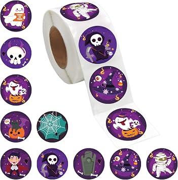 600PCS Halloween Stickers for Kids, Halloween Pumpkin Vampire Bat Stickers Roll Candy Bag Stickers Halloween Stickers for Adults, 10 Designs and Vibrant Colors