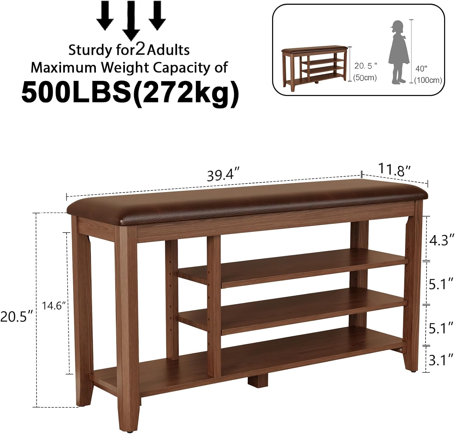 3 Tier Shoe Bench with Cushion,Solid Rubberwood 3-Tier Entryway Bench with 14.6" Tall Boot Storage, Adjustable Shelves Shoe Rack Bench Used for Hallway, Walnut Finish (39.4" W)