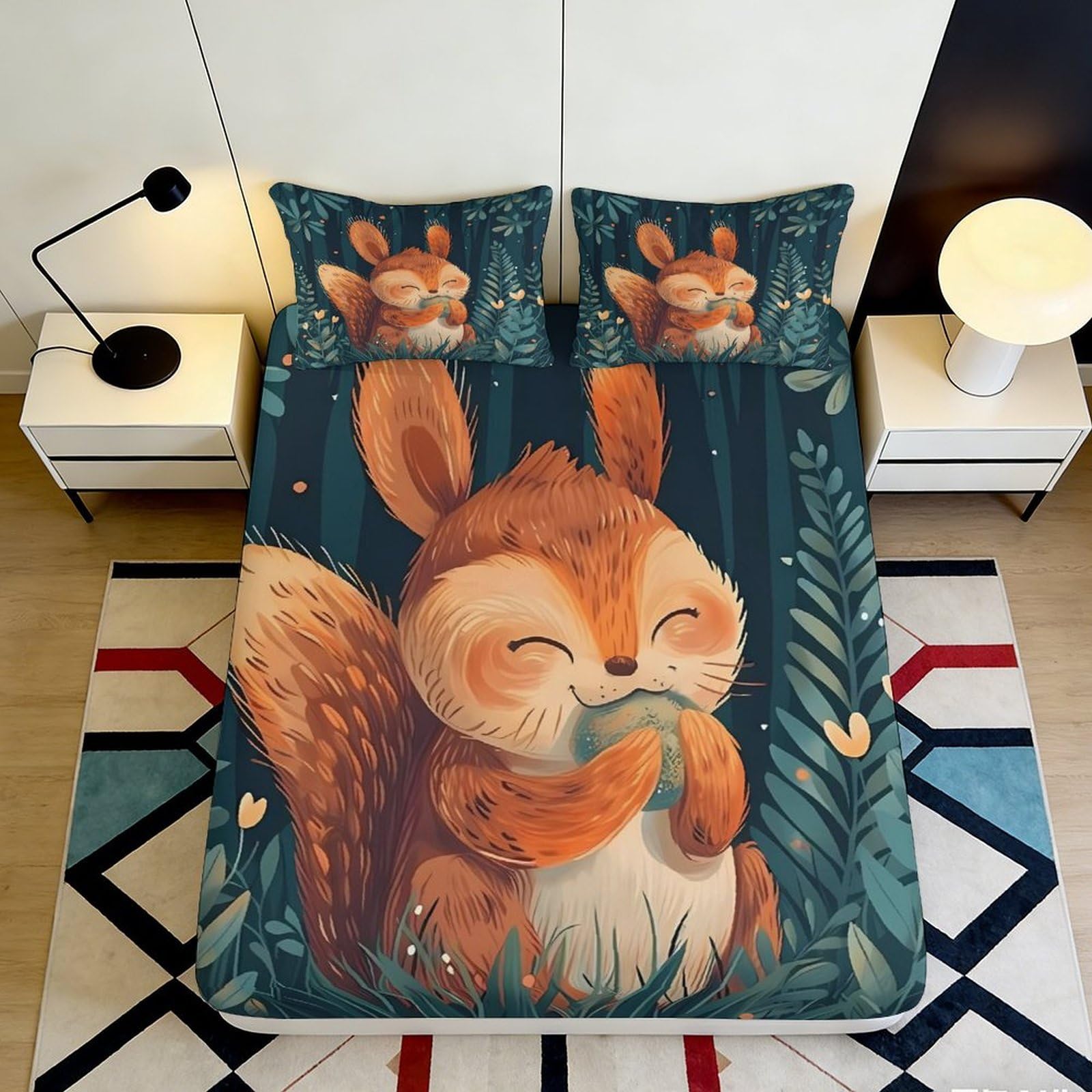 3D Printed Forest Animal Fitted Sheet Microfiber Deep Pocket Non-Slip Bedding Forest Animal Mattress Fitted Cover Elastic Hem Washable 200x200x25cm