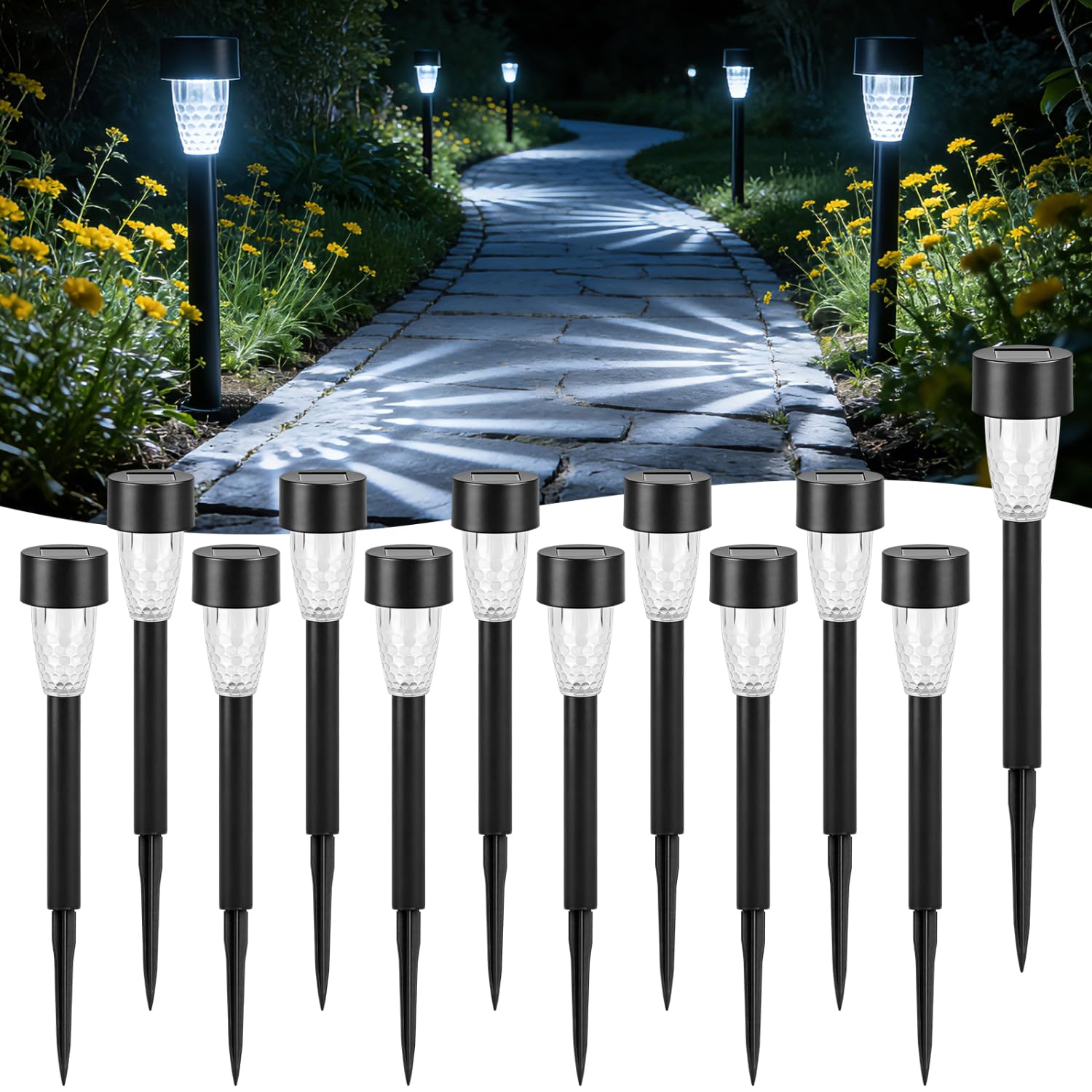 Aigostar 12 Pezzi Lampade Solari con Picchetto, Bianco Freddo 6500K, IP44 Impermeabili, Accensione Automatica, Lampade Solari per Esterno, Giardino, Cortile, Prato, Terrazzo, Vialetto, Aiuola