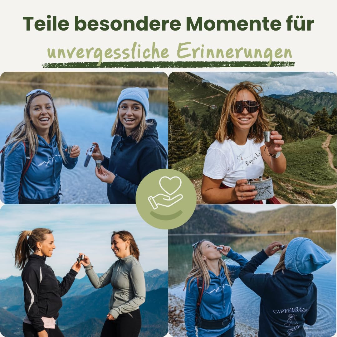 Gipfelgaudi Gipfelwasser Stamperl inkl. Etui I 4 Stamperl im Lederetui mit Karabiner I Federleichte Stamperl aus rostfreiem Edelstahl