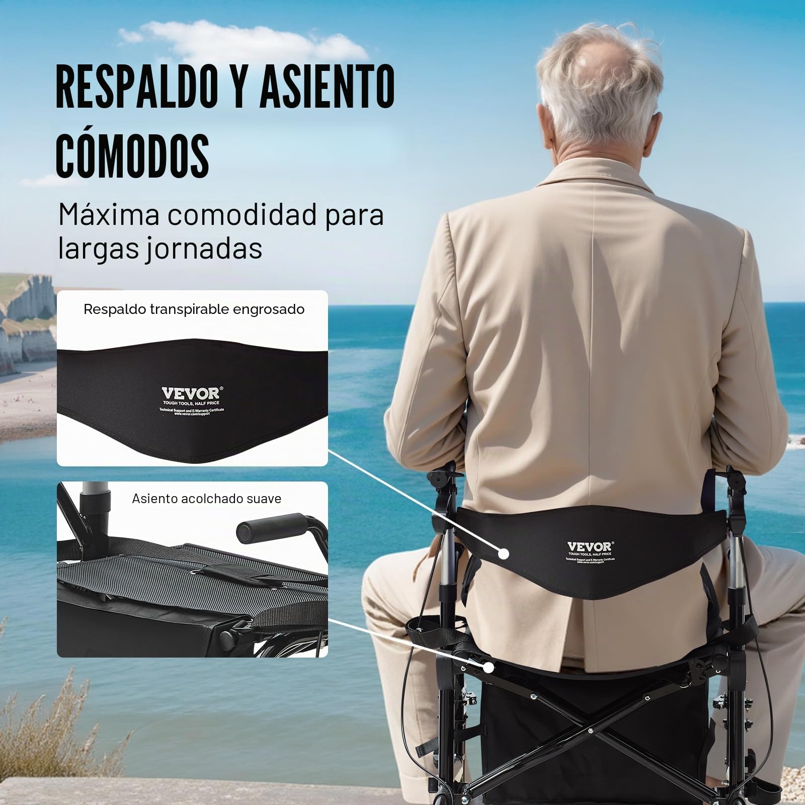 VEVOR Andador con Ruedas y Silla de Transporte para Personas Mayores, Andador Plegable con Ruedas y Reposapiés, Andador de Movilidad de Aluminio Ligero con Mango Ajustable, Ruedas Todo Terreno, 136 kg
