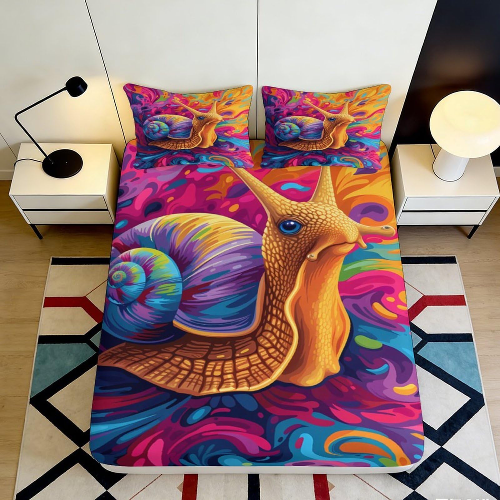 3D Printed Colorful Snail Fitted Sheet Microfiber Soft Breathable Vibrant Abstract Bed Cover for Bedroom Dormitory Guest Room Mattress Protection Decor 140x200x25cm
