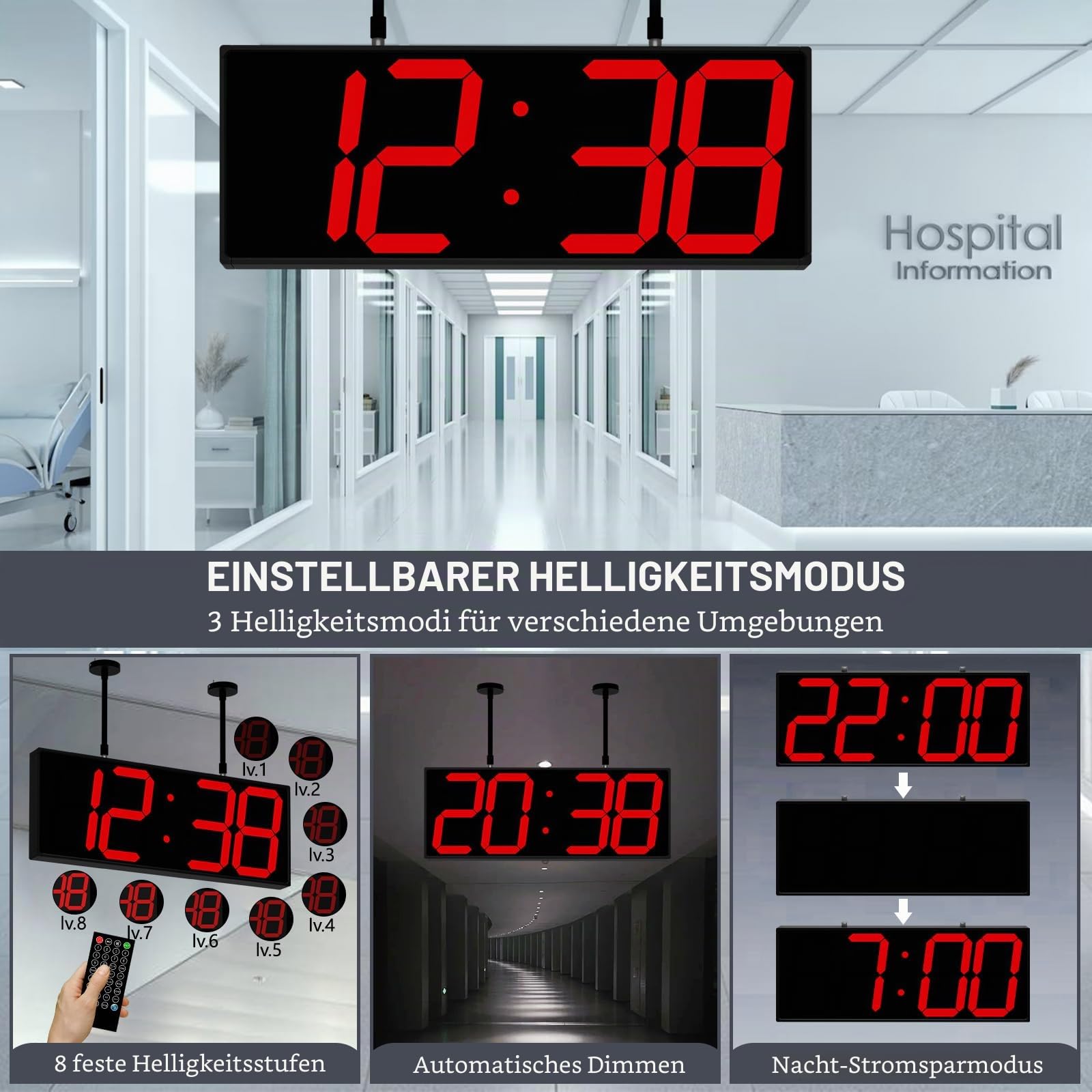 CHKOSDA Große digitale Wanduhr mit doppelseitigem Display, multifunktionale LED-Hänge-Digitaluhr mit einstellbarer Helligkeit, geeignet für Büros, Lager, Korridore, 49,5 cm (19,5 Zoll), Rot