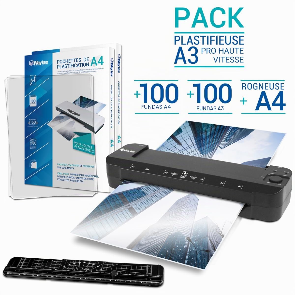 Plastificadora A3 A4 A5 A6 A7 Pro Ultra rápida en caliente y fría hasta 2 x 150 micras Temperatura ajustable para uso profesional intensivo Pack con 100 fundas A4 + 100 fundas A3 + 1 recortadora