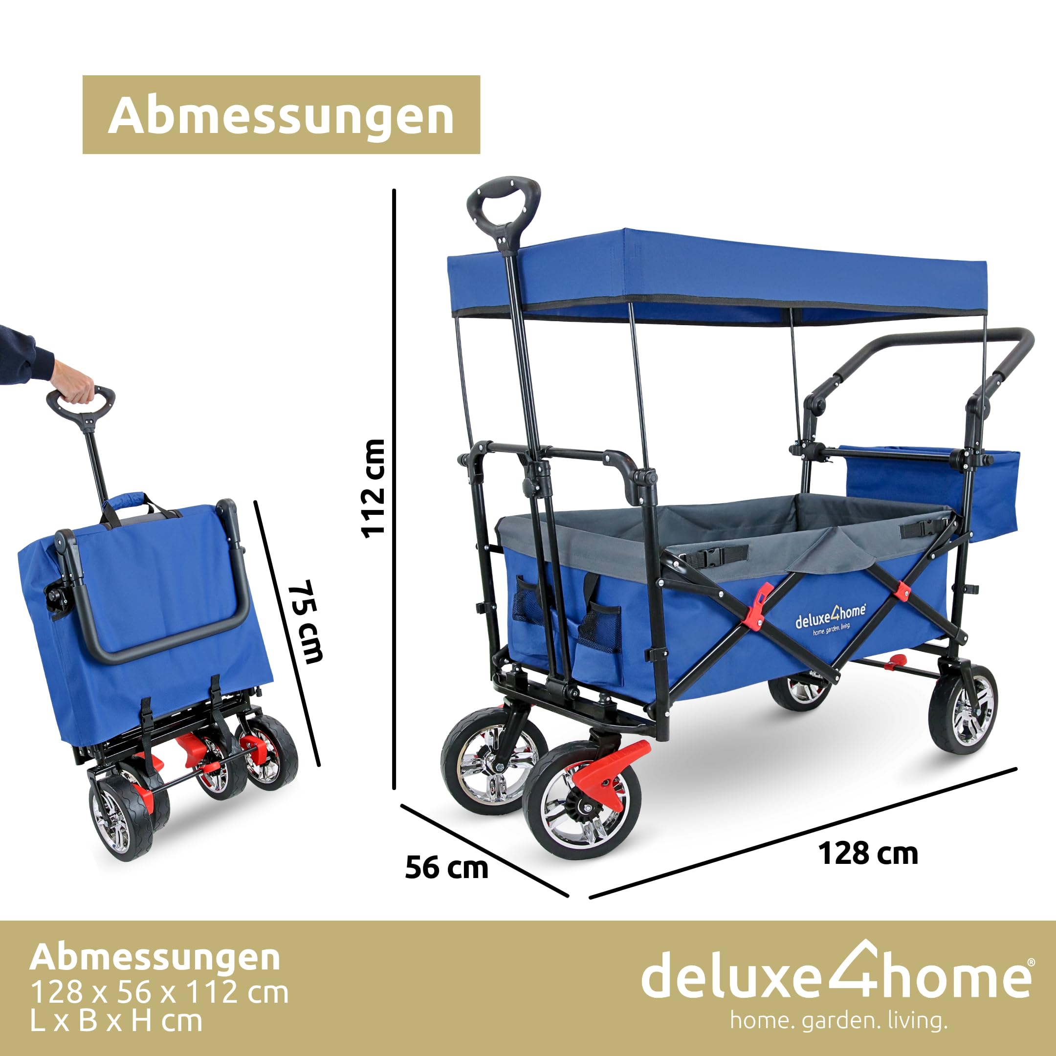 Bollerwagen mit Dach Faltbar Blau I Handwagen Transportwagen bis 80 kg I Breite Reifen Trolley Bremsen I Robuster Wagen Kinderwagen Strandwagen