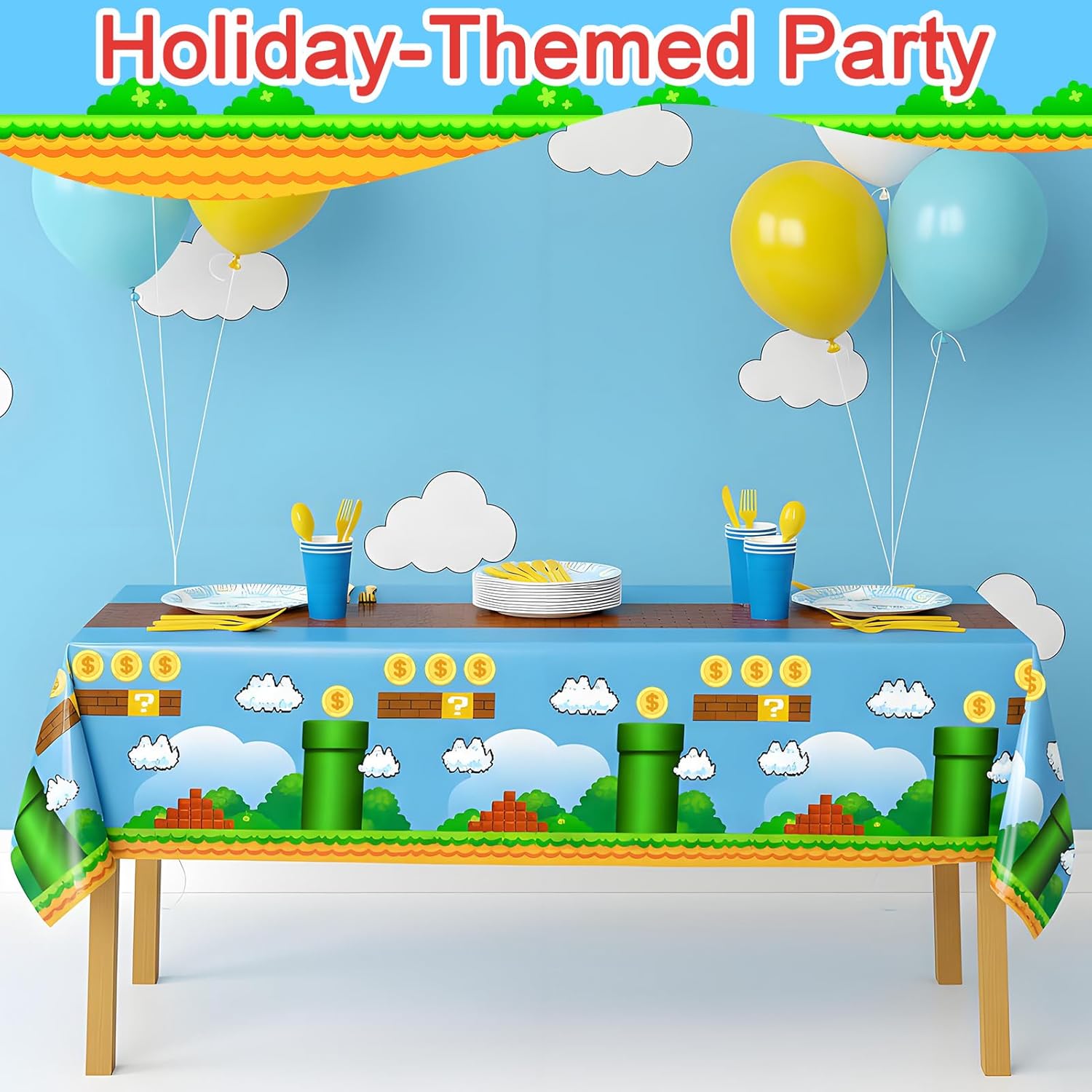 Adventure Classic Game Themes Tablecloths, Nostalgic Disposable Table Covers for Little Ones & Adults, 54 x 108 Inch Table Cloths for Birthday Parties (Malio, 6pcs)