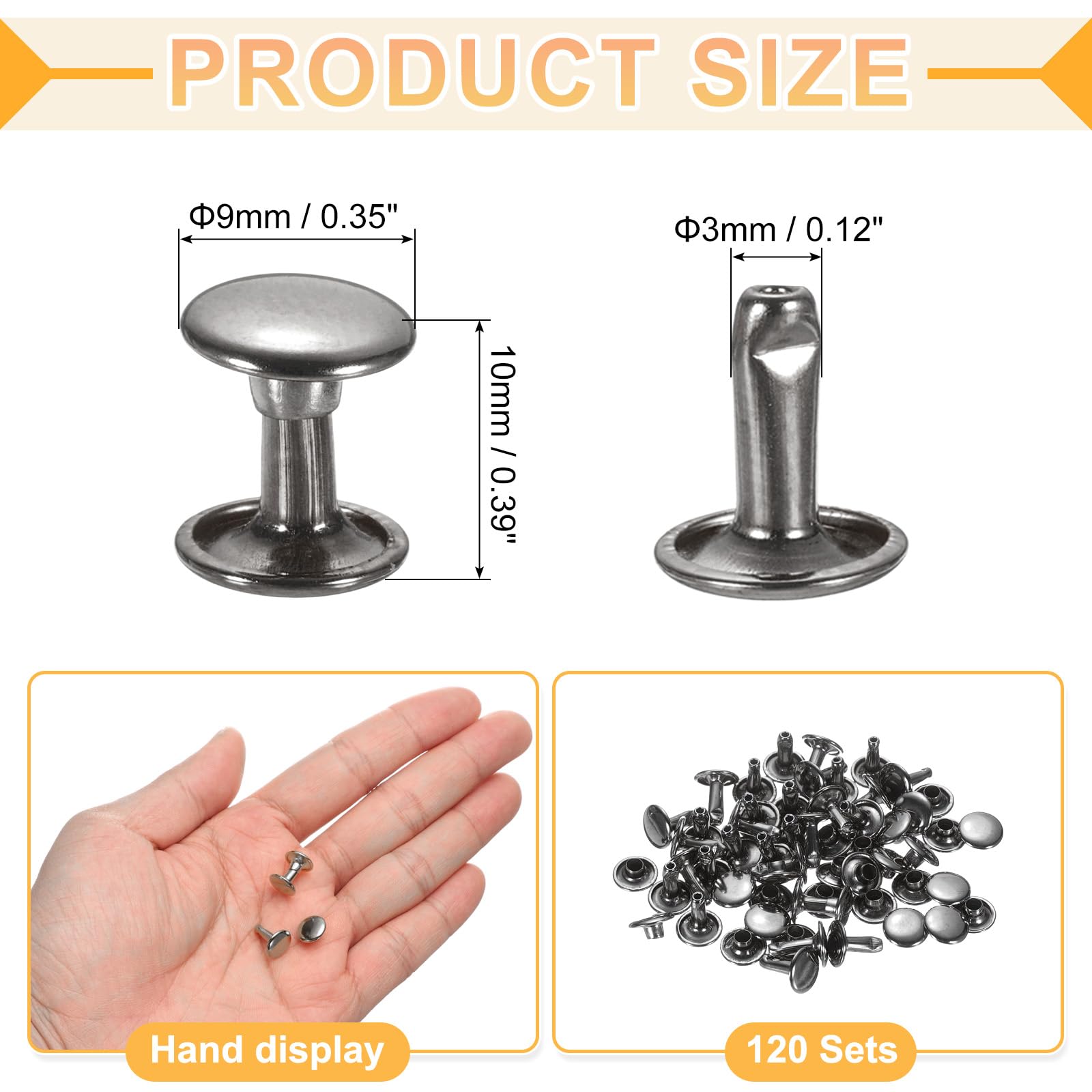 uxcell 120Set Leather Rivets, 9mm Double Cap Rivet Tubular Metal Studs Repairs Decoration Craft Accessories for Repair Decorate Leather Craft Belt Bag Shoes Purse Belts, Metallic Black