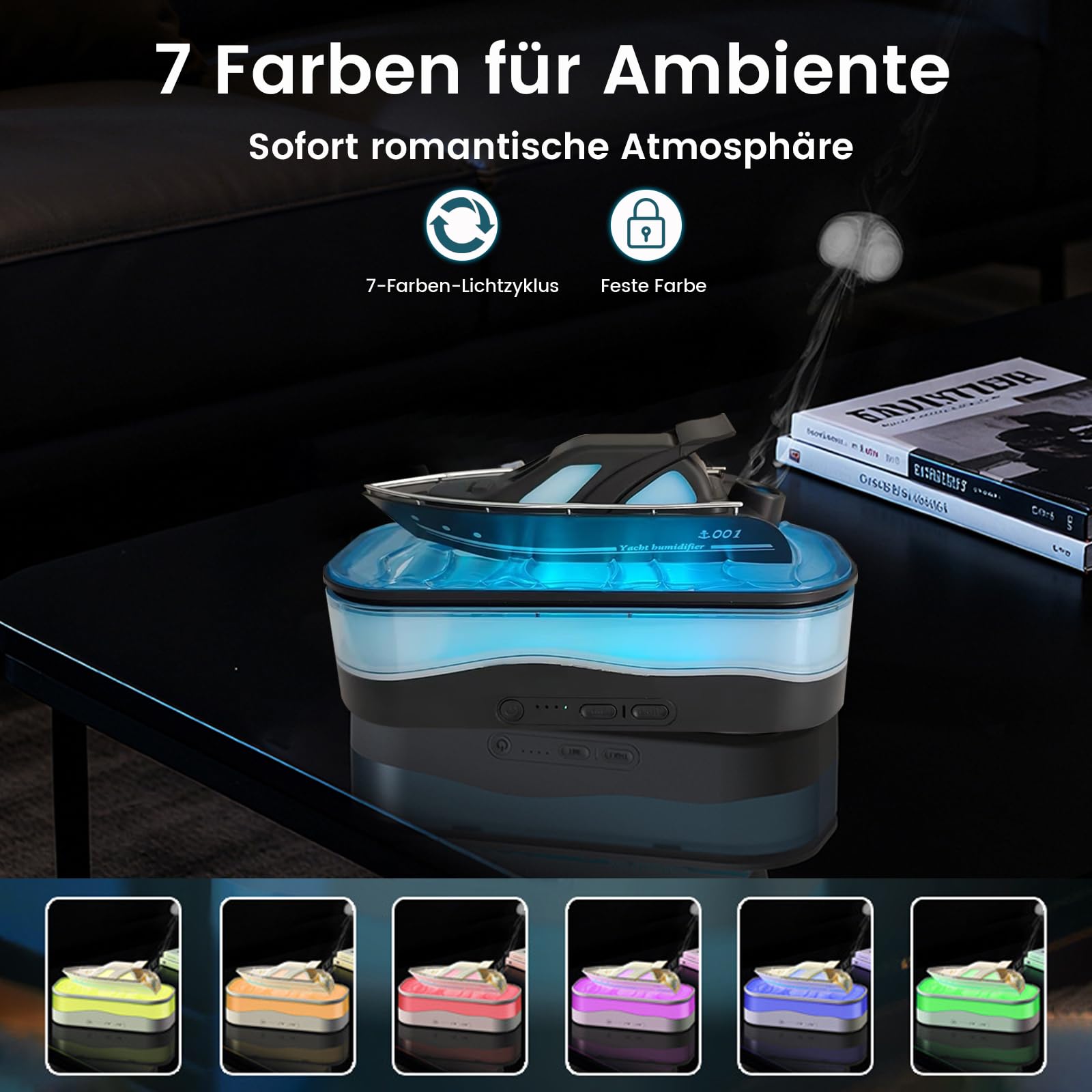 Umidificatore, Cool Yacht Aroma Diffusore con telecomando e 7 colori luce, 150 ml, umidificatore ad ultrasuoni, camera da letto con spegnimento automatico e timer, 3 modalità di aromaterapia per casa