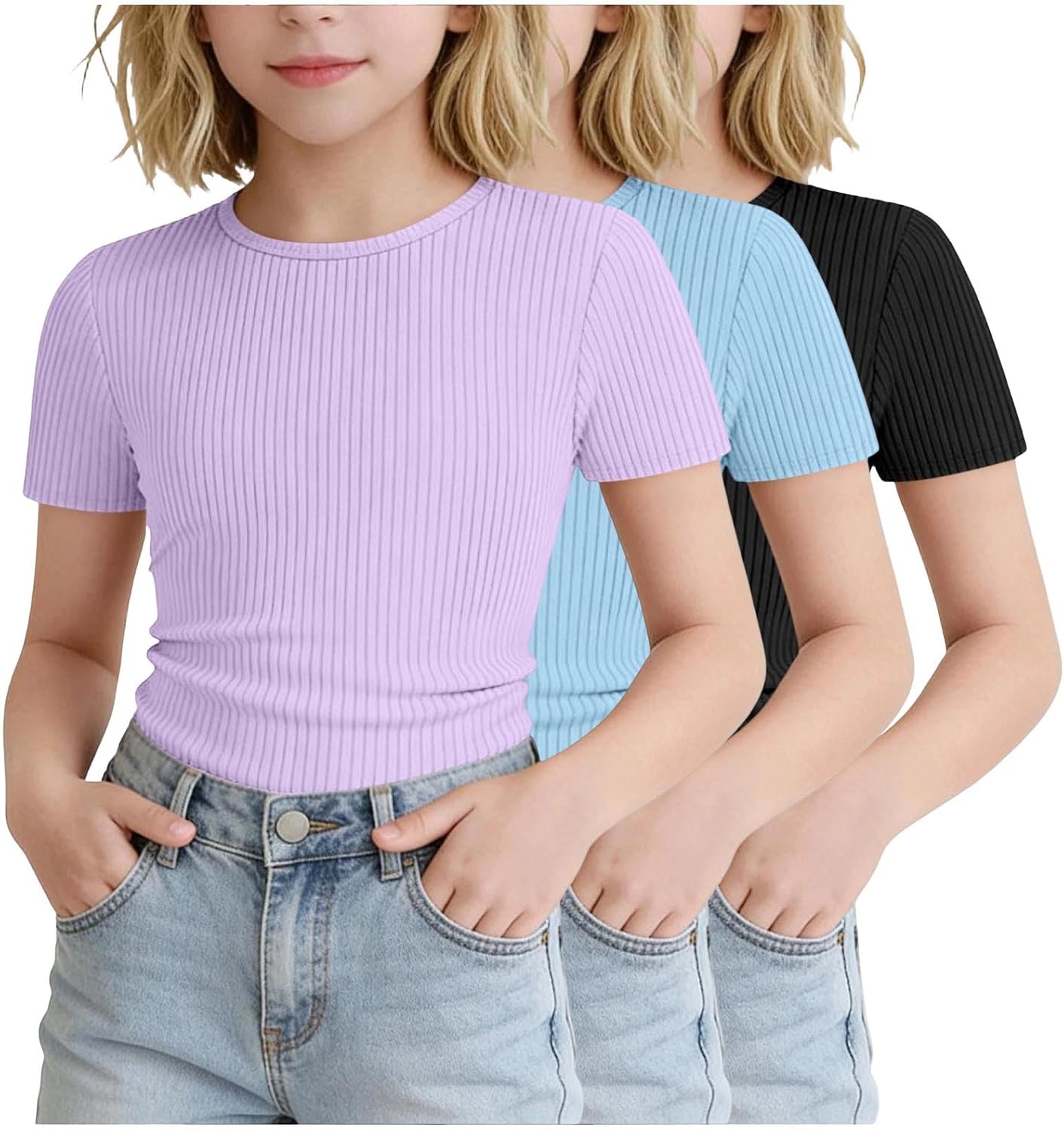 Girls' Ribbed Knit Top Short Sleeve Crew Neck Slim Fit Stretchy | Casual 3 Pack T-Shirts Basic Tees Soft Kids