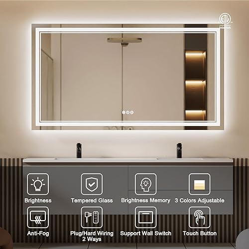 Miniatura 257 de Espejo de baño LED de 40 x 32 pulgadas, luz frontal y retroiluminada, antiniebla, regulable, espejo de tocador iluminado con memoria, espejo LED