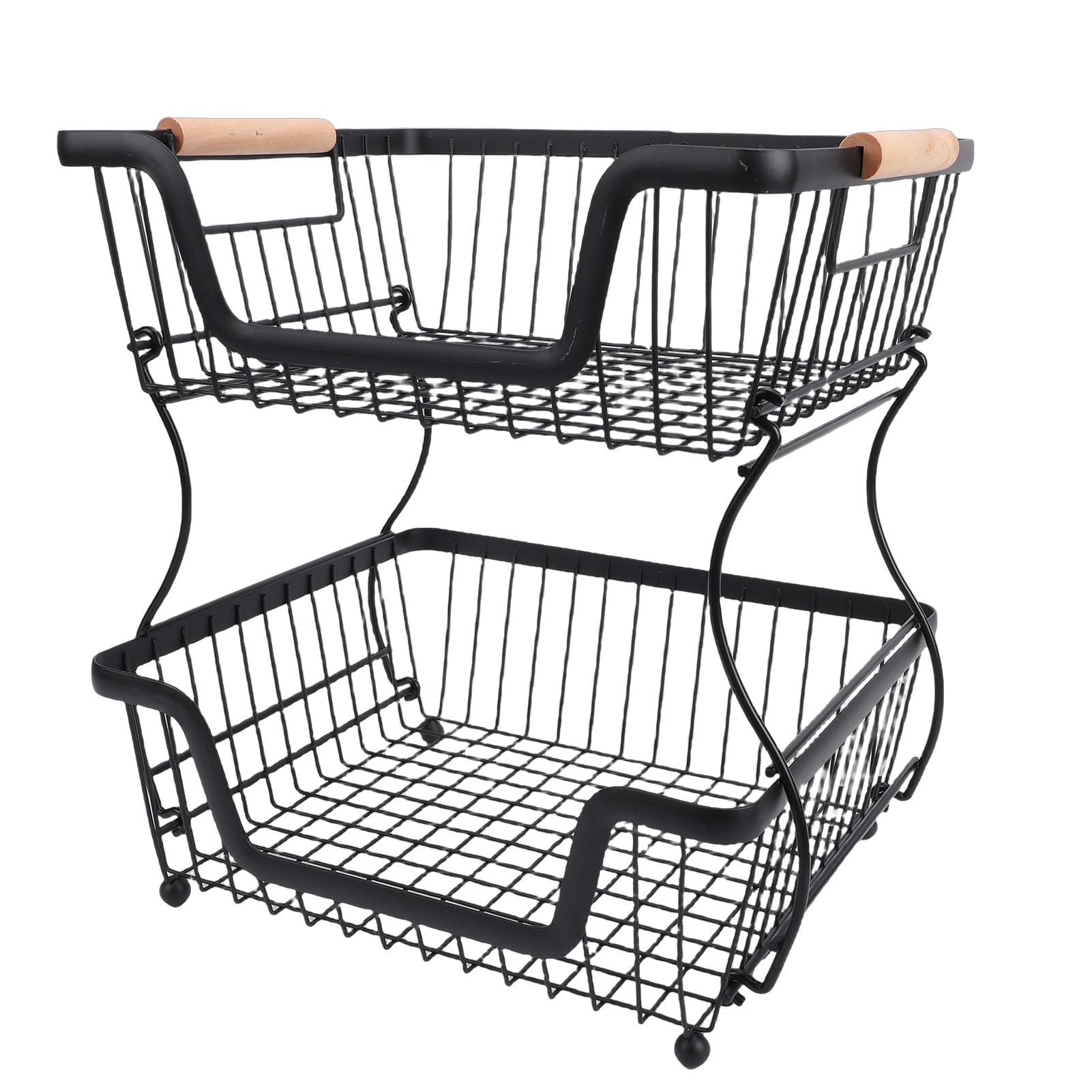 Sxhlseller 2-poziomowy Kosz na Owoce na Blat Kuchenny Metalowy Kosz Chleb z drewnianą rączką Owoce Warzywa Przekąski Jajka Czarny (BLACK)