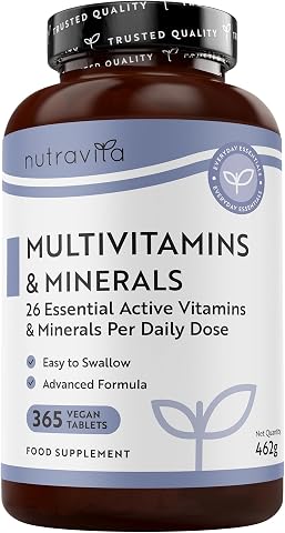 Nutravita Multivitaminas Mujer y Homre - 365 Comprimidos Veganos - Complejo Vitaminico de 26 Activos Esenciales - Vitamina C, D3, A, B12, E y Minerales - Vitaminas para el Cansancio - Multivitamínico
