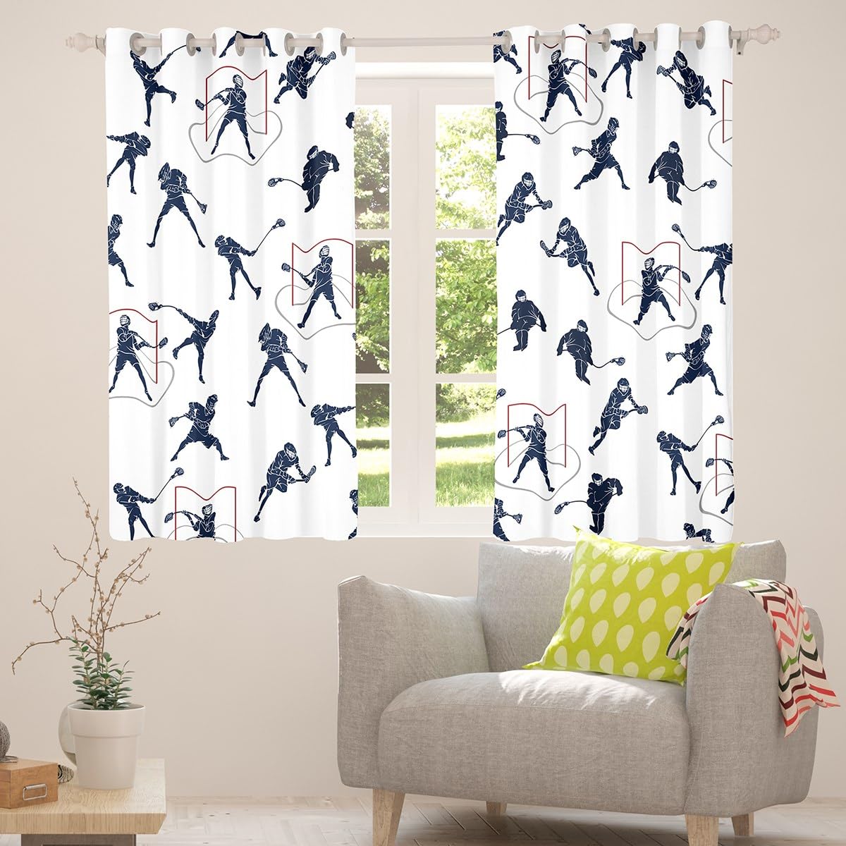 Feelyou Lacrosse Window Curtains for Bedroom Living Room for Kids Boys Sports Gaming Lacrosse Player Teens Window Drapes Treatments Puck Hockey Curtains Ball Sports Themed Decor, 42W X 90L,2 Panels