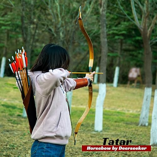 Miniatura 3 de Deerseeker Outdoor Arco largo tradicional de 52 pulgadas, hecho a mano, arcos recurvos ambidiestros, juego de arco de caballo tártaro para adultos y