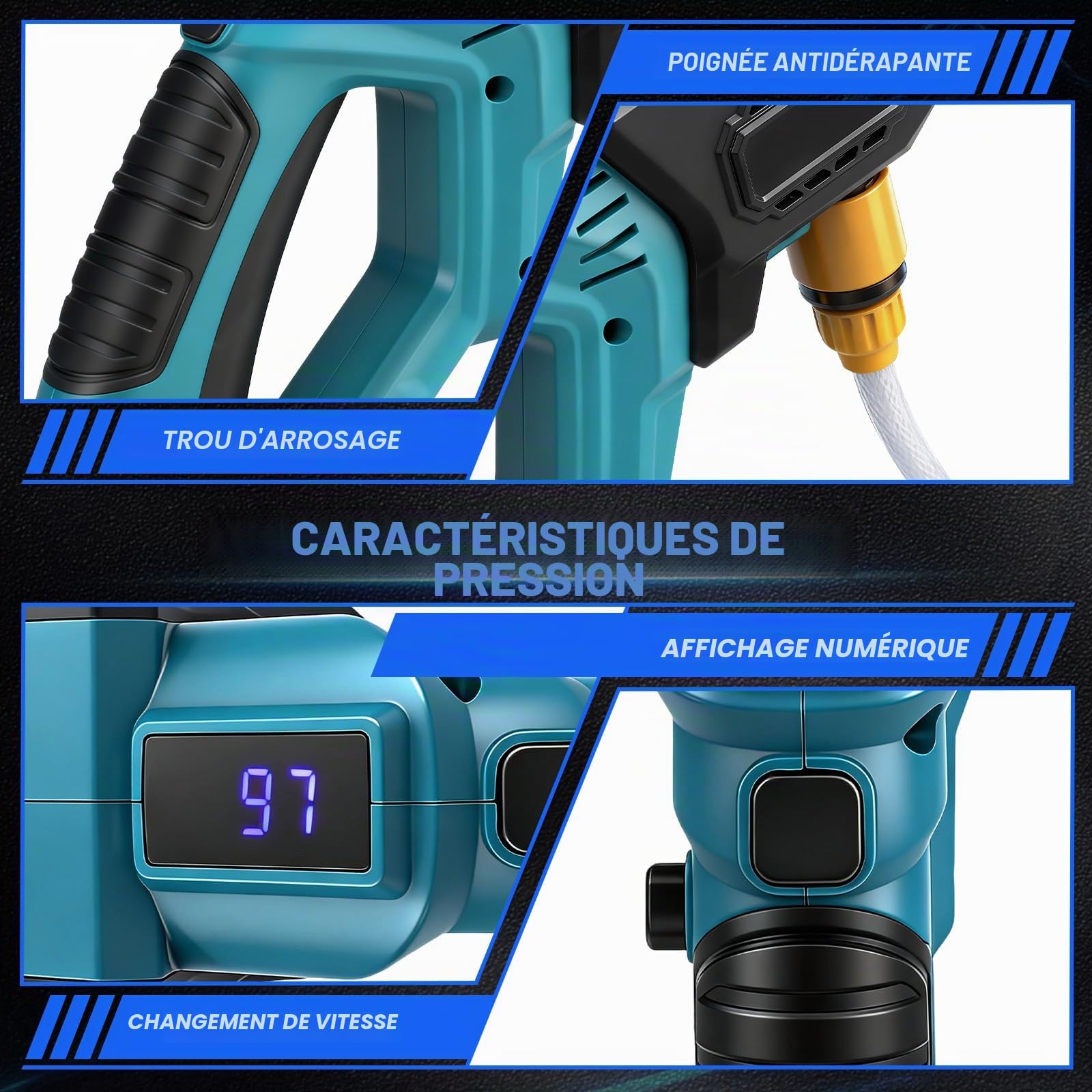 Nettoyeur à Haute Pression pour Voiture, 80 Bar sans Fil Pistolet Haute Pression Réglable 6-en-1 Buse, Trois Niveaux de Réglage de Lavage de Maison, Pelouse, Salon de Jardin, Clôture (Deux Piles)