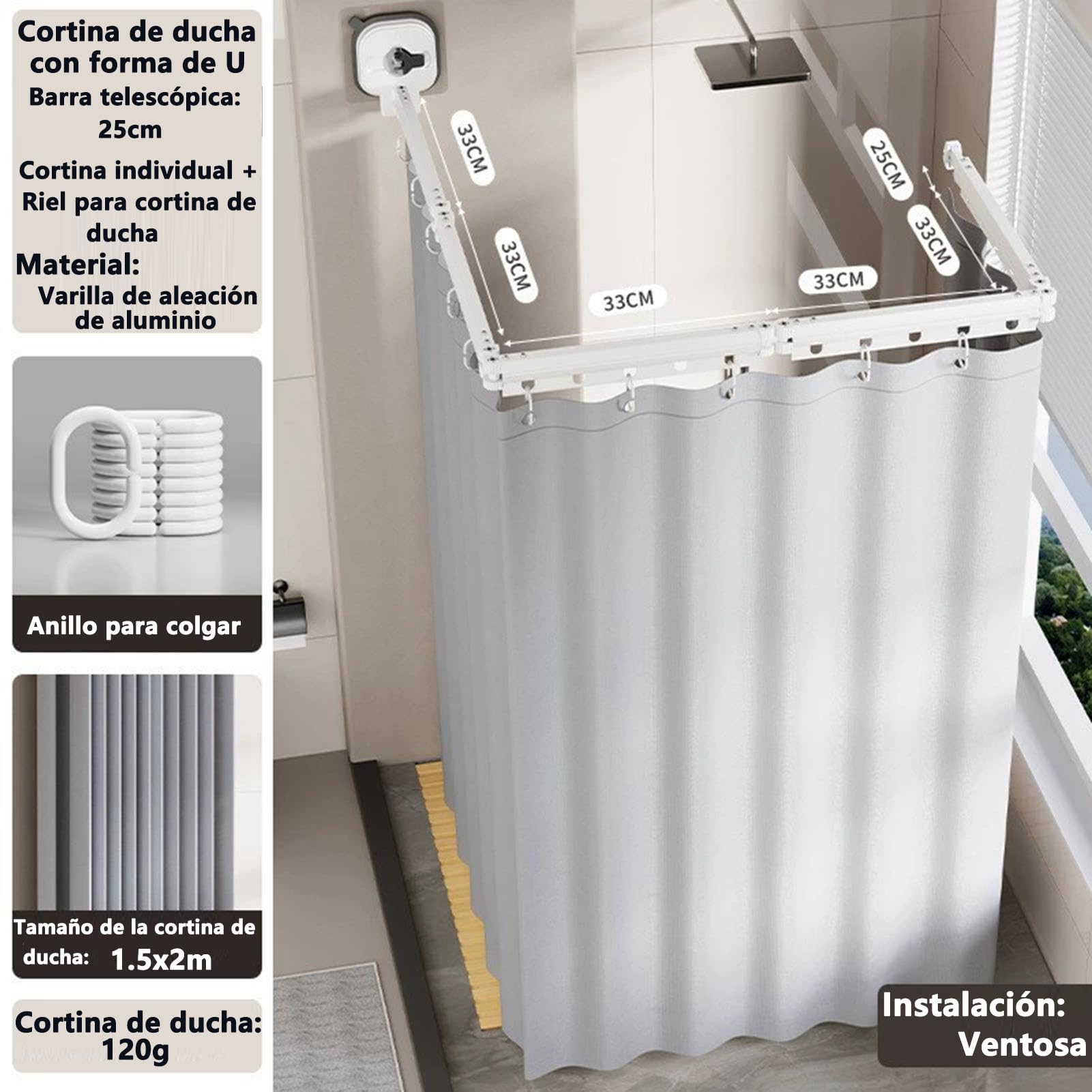 Barra de Cortina de Ducha Plegable con Cortina de Ducha, Barras de Cortina de Esquina con anillos de Cortina, Barra de Cortina de Ducha Para baño y Bañera, sin Taladrar (Blanco, 5-fold)