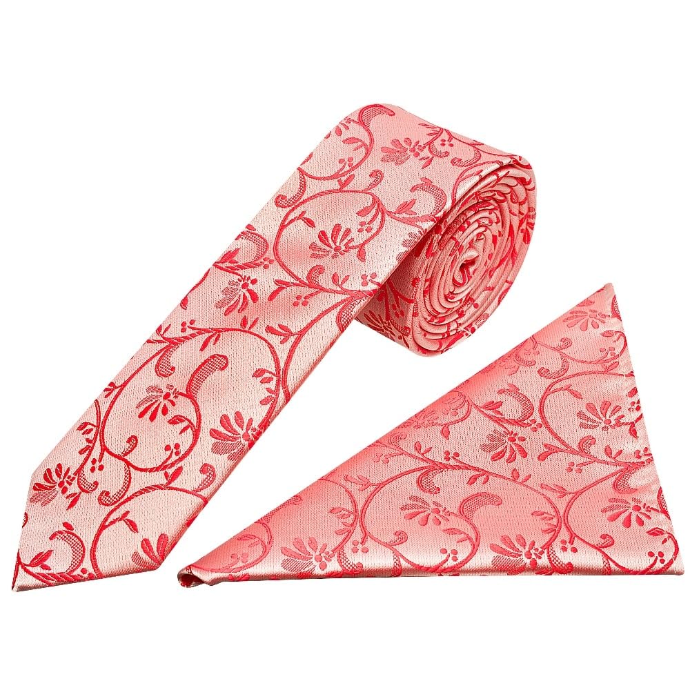 Ties R Us Men's Pink & Coral Coral Pink Floral Skinny Tie And Handkerchief Set Wedding Christening Prom Tie Set
