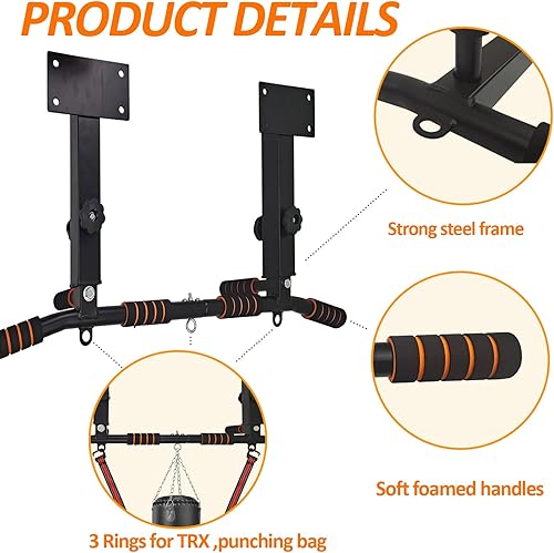 Miniatura 5 de BESTHLS Barra de dominadas montada en la pared y estación de inmersión, barra de dominadas resistente para montaje en pared, barra de dominadas