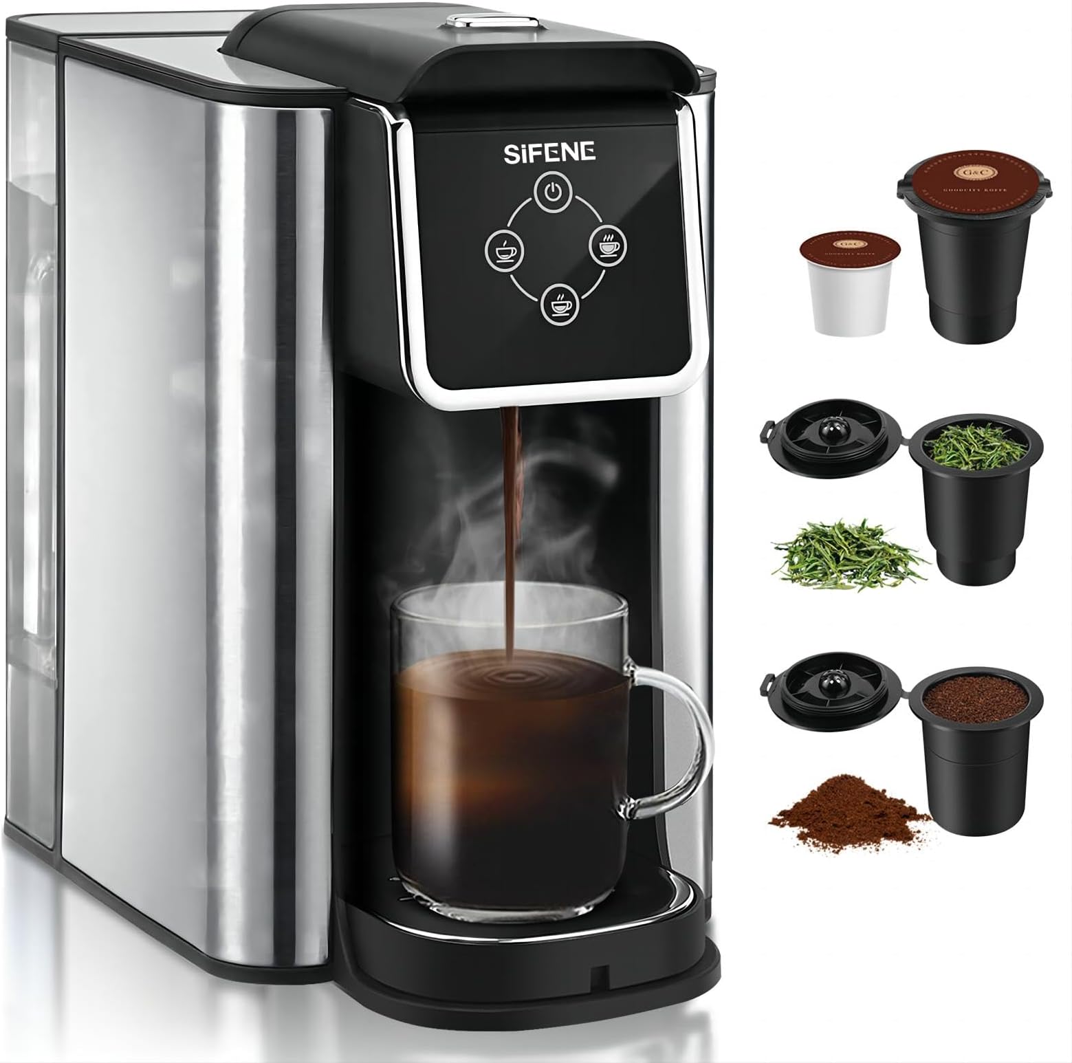 Single Serve Coffee Maker, 3-in-1 Quick Brew for Coffee Pods, Ground Coffee, & Loose Tea, 6-12oz Cup Sizes, 50oz Removable Water Tank, 1150W, Compact, Black
