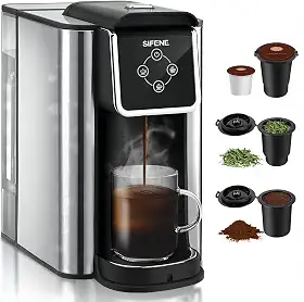 SIFENE Cafeteira de dose única, bebida rápida 3 em 1 para cápsulas de café, café moído e chá solto, tamanhos de xícara de 170 a 340 g, tanque de água removível de 1,5 l, 1150 W, compacto, preto