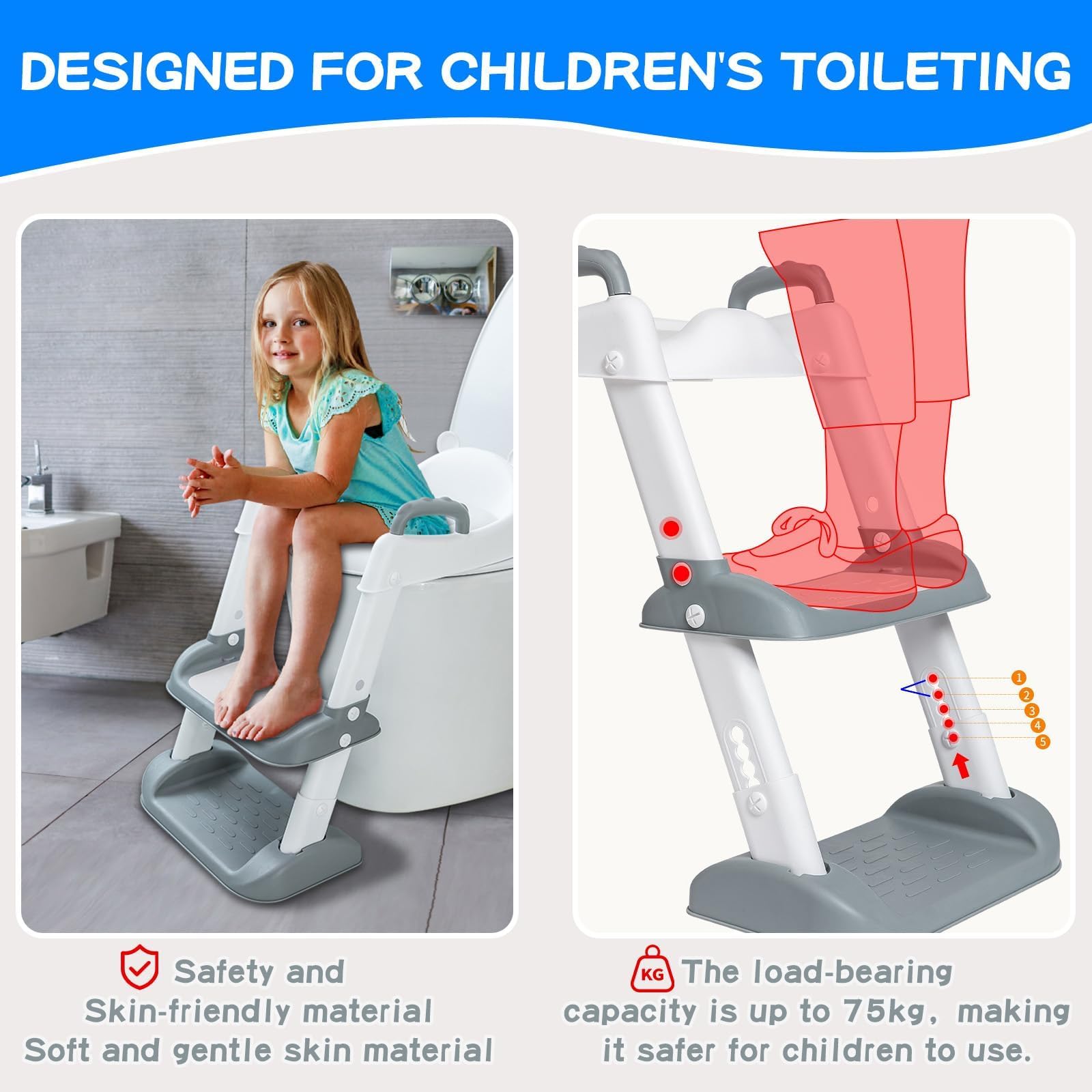 UCAMP Riduttore wc per bambini,Scaletta WC per Bambini Pieghevole,Riduttore wc Bambini,Pieghevole Regolabile in Altezza,con PU Morbida Seduta Imbottita, pedana antiscivolo anti-spruzzo,per V,U,O