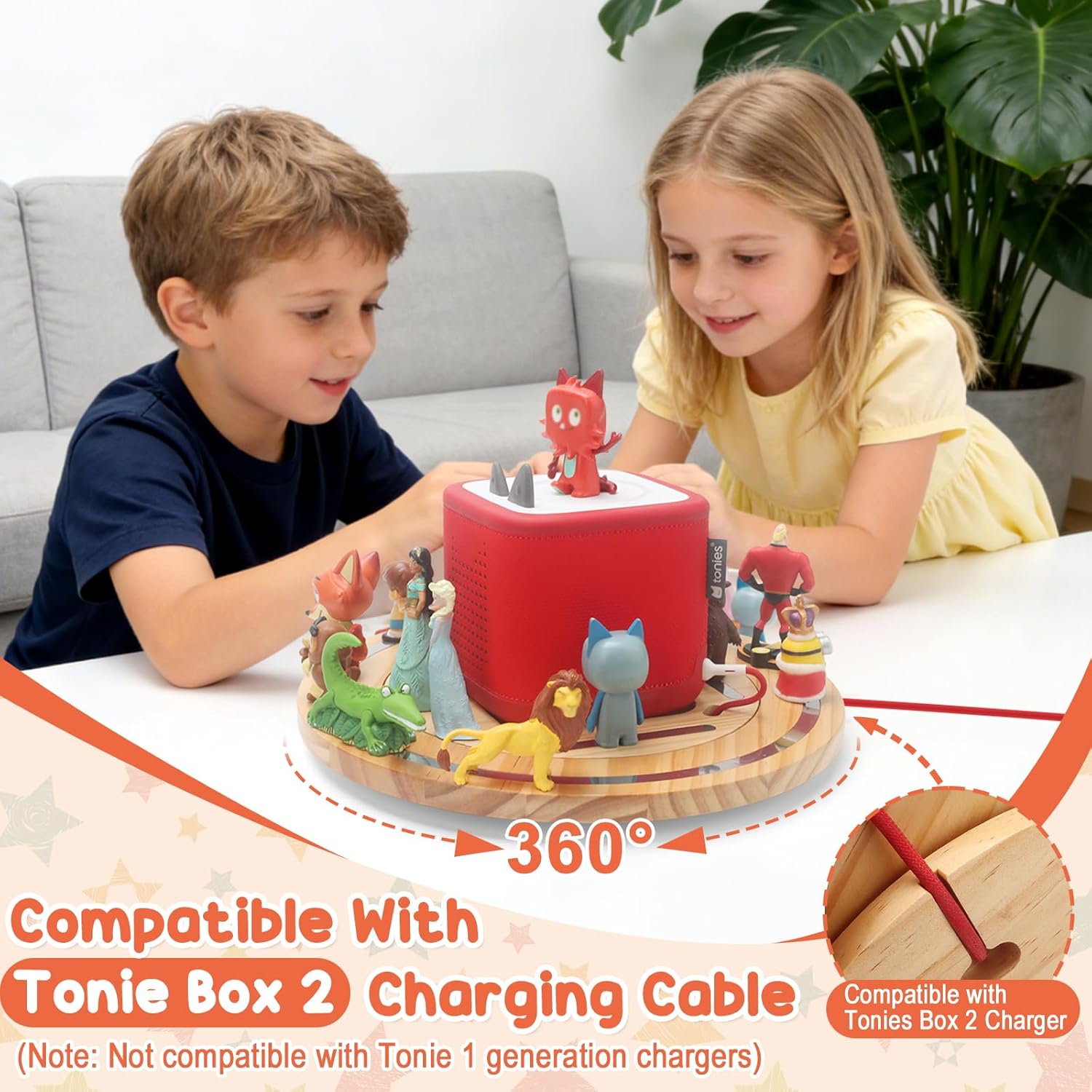 360° Round Turntable for ToniesBox 2 Storage Shelf Magnetic Organizer for Tonies Figures, with Charging Cable Connection Port, Display Collection for 20~30 Tonies Characters (Natura)