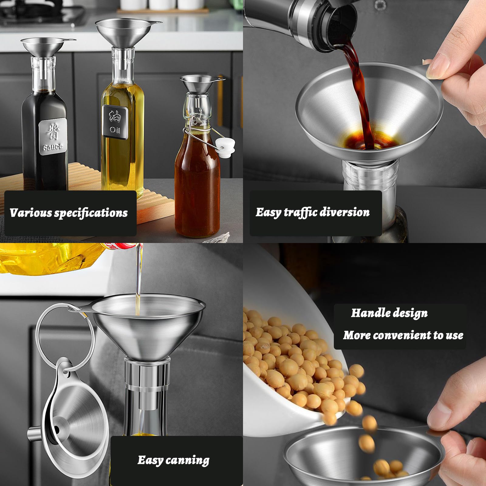 Set 3 Imbuti Piccoli In Metallo + 3 Contagocce A Molla - Per Cucina, Marmellate, Laboratorio - Misure S E L