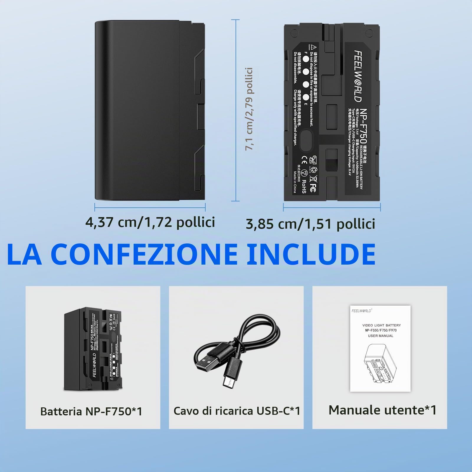 FEELWORLD 1 Pack NP-F750 4400mAh Batteria sostitutiva di NP-F970 F960 F950 F770 F750 F570 F550, ricarica rapida USB-C ricaricabile per luce LED, monitor fotocamera, trasmissione wireless
