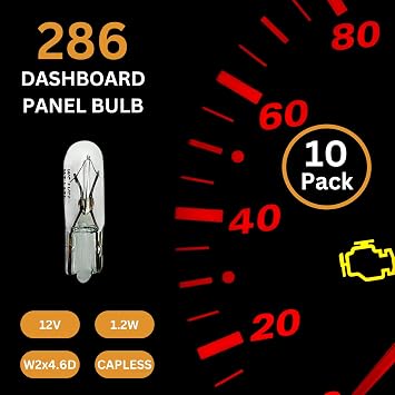 Tek Automotive 286 Bulb 12V 1.2W T5 Bulb Dashboard Bulbs - 10 Pack | Instrument Panel & Speedometer Light, Capless Car Bulbs, W2x4.6D