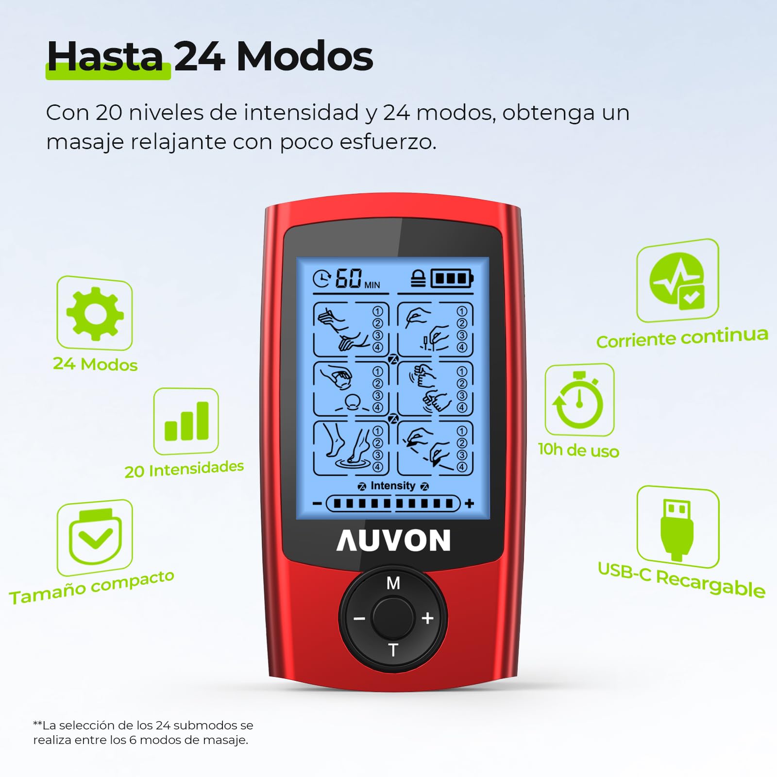 AUVON TENS Electroestimulador con estuche EVA, dispositivo de corriente de estimulación recargable para el tratamiento del dolor con 24 modos, Electroestimulador TENS incluye 12 electrodos, 2 Canales